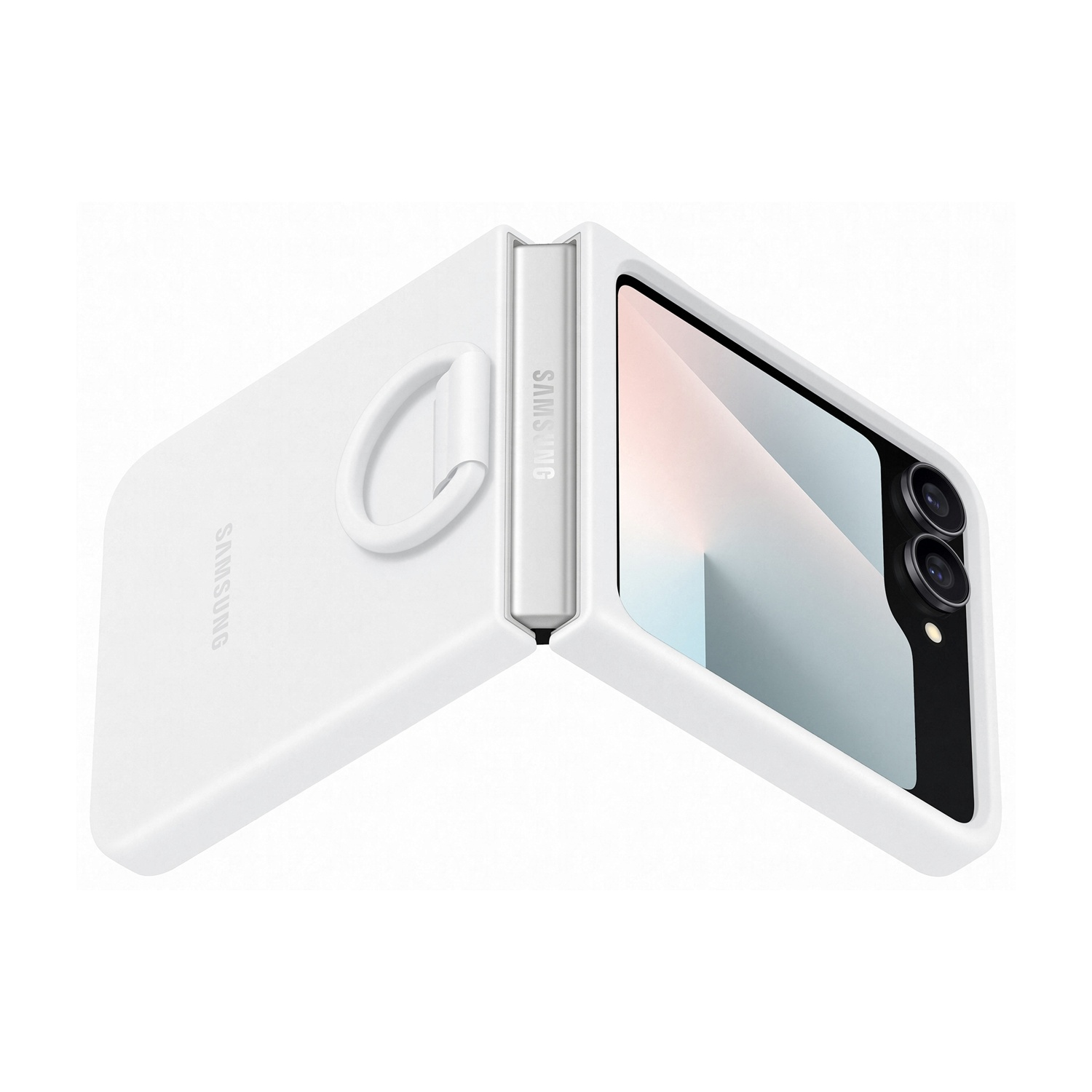 Custodia bianca per telefono Samsung, parzialmente aperta. Con impugnatura ad anello e doppia fotocamera. Logo Samsung visibile.