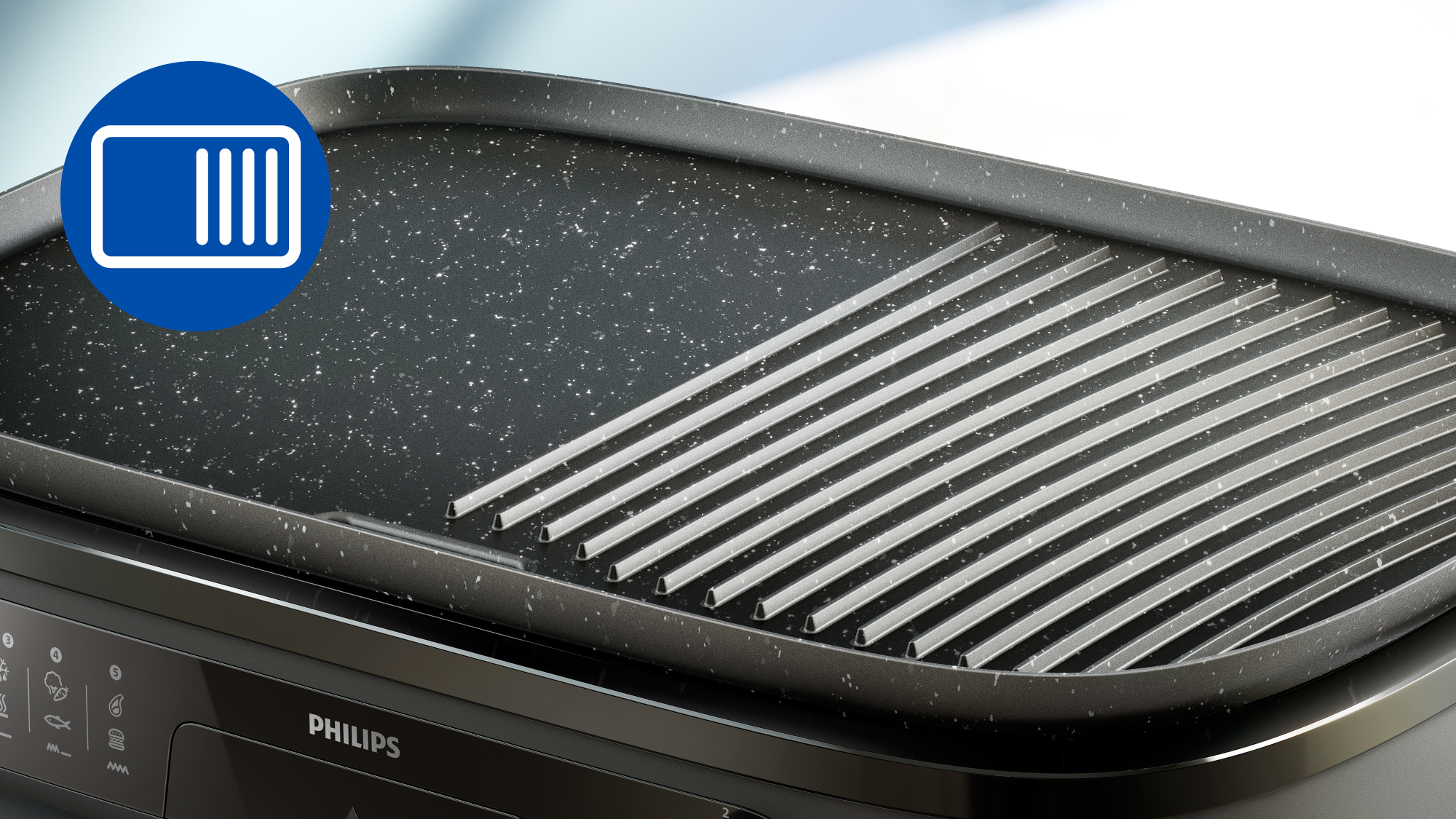 Elektromos grill fekete, pettyes felülettel, bordázott résszel és kék ikonnal. Látható a Philips logó.