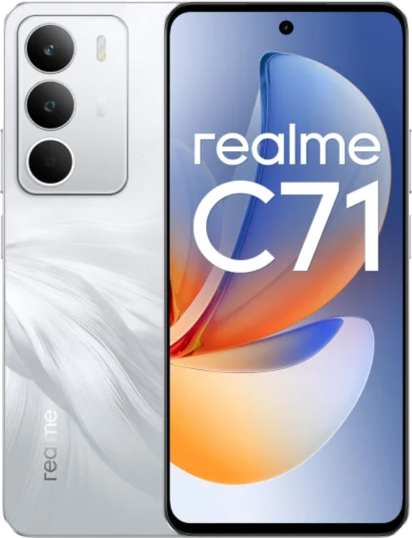 Biały telefon Realme C71. Ma trzy tylne kamery. Ekran wyświetla logo Realme i tekst C71 z kolorowym wzorem.