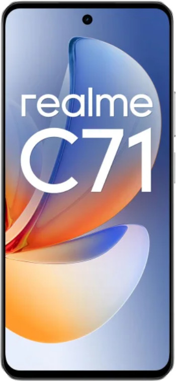 Smartfon wyświetla logo Realme C71. Tło przedstawia zakrzywione niebieskie, pomarańczowe i białe abstrakcyjne kształty.