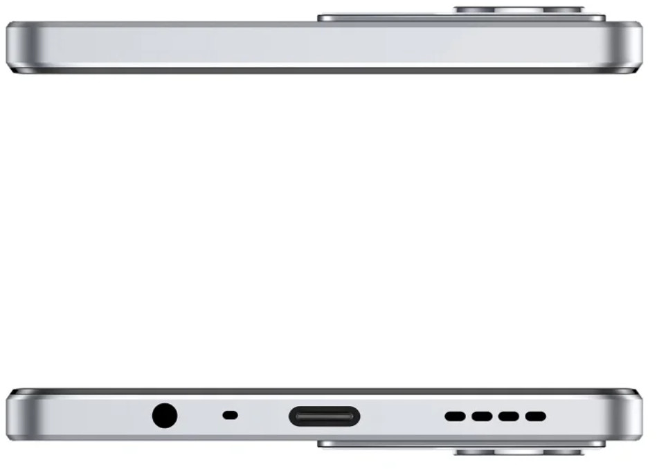 Srebrny smartfon, widok z góry i z dołu. Na górze przyciski. Na dole porty i głośniki.