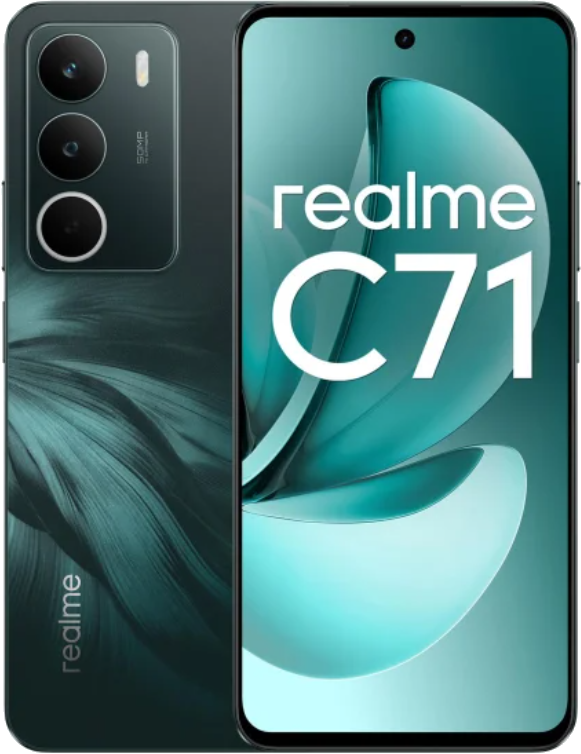 Ciemnozielony smartfon Realme C71. Posiada potrójny aparat, nazwę marki i numer modelu wyświetlany na ekranie.
