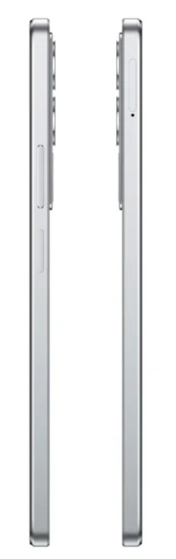 Dwa widoki boczne srebrnego smartfona. Przyciski i aparat są widoczne po bokach. Tło jest białe.