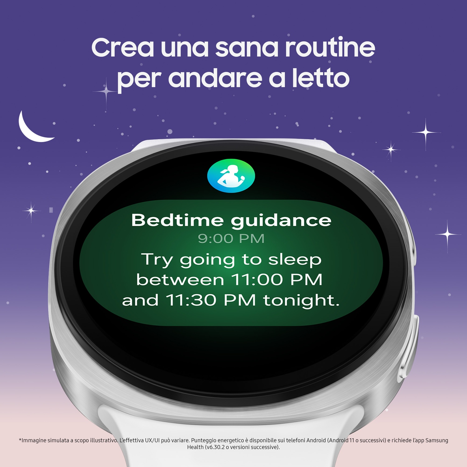 Uno smartwatch mostra una guida al sonno su schermo verde, contro un cielo notturno stellato. Il testo incoraggia a dormire tra le 23:00 e le 23:30.