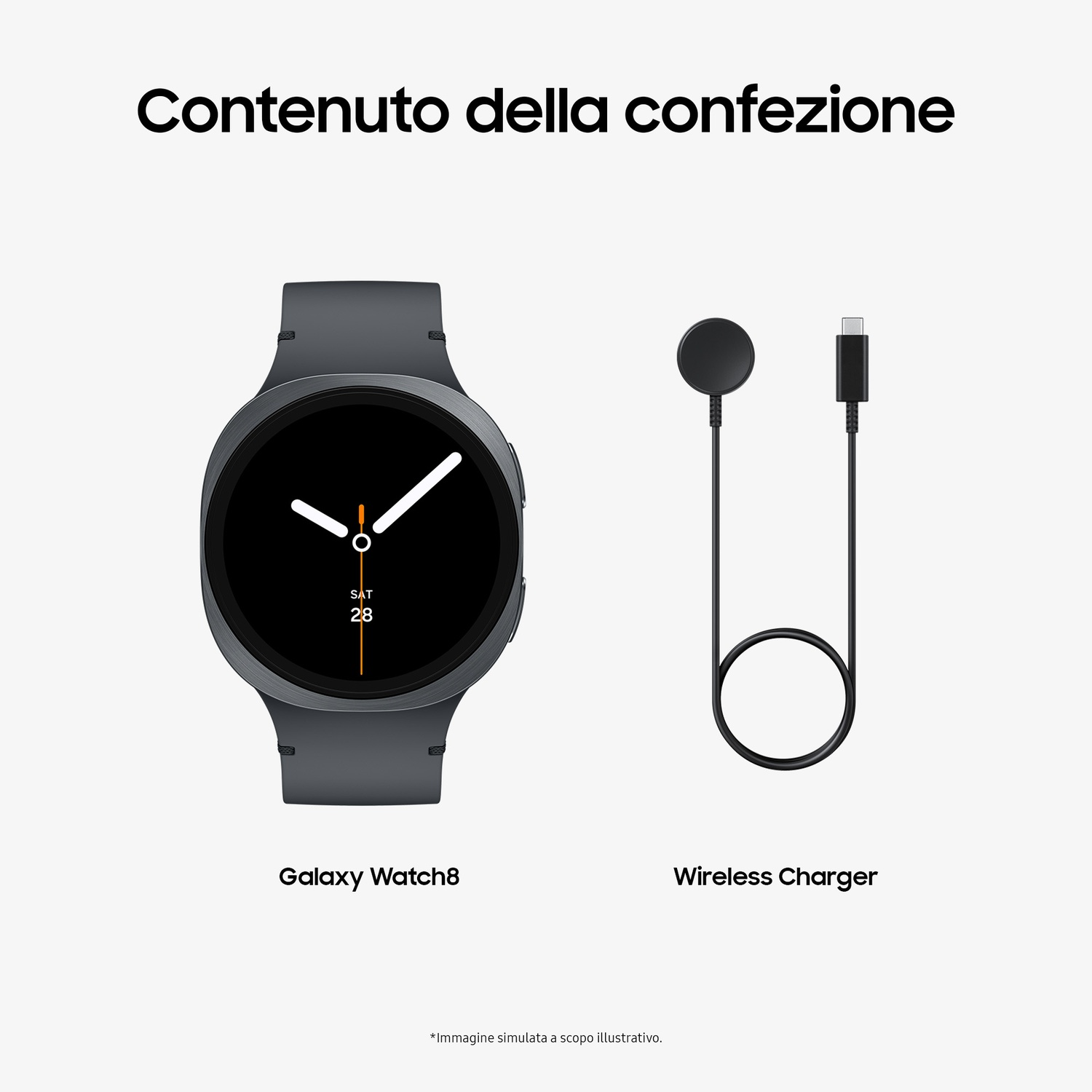 L'immagine mostra un Galaxy Watch8 e un caricatore wireless. L'orologio è nero con quadrante bianco. Il caricatore è nero.