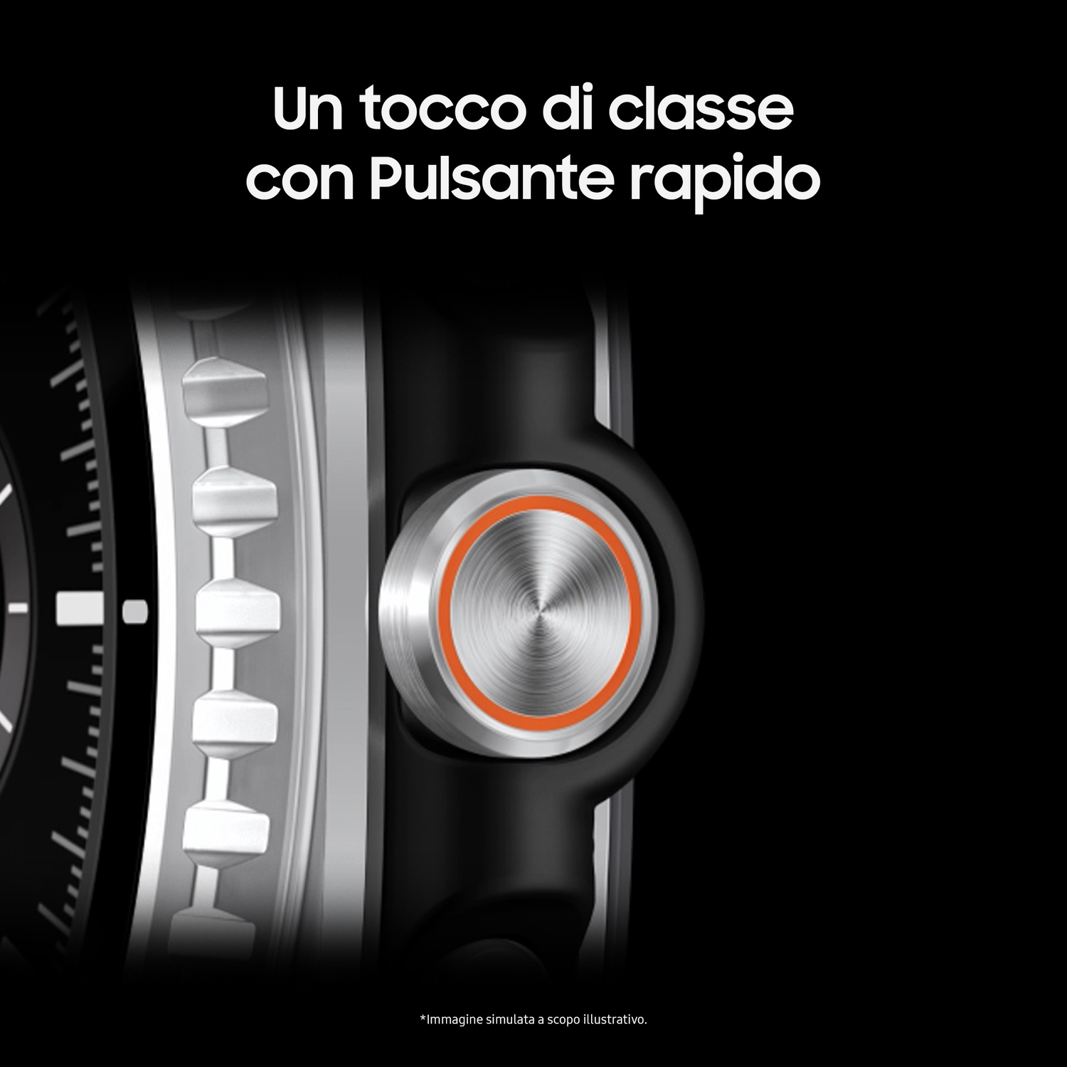 Primo piano di smartwatch con pulsante argentato, anello arancione, sfondo nero e testo sopra.
