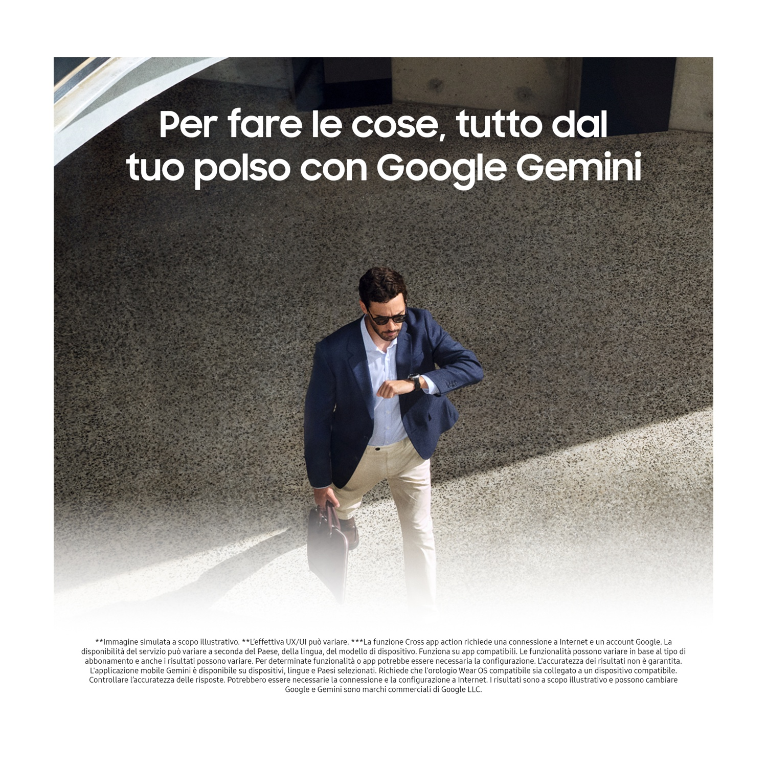 Uomo in giacca guarda l'orologio, con valigetta. Testo: 'Fai cose dal tuo polso con Google Gemini'.