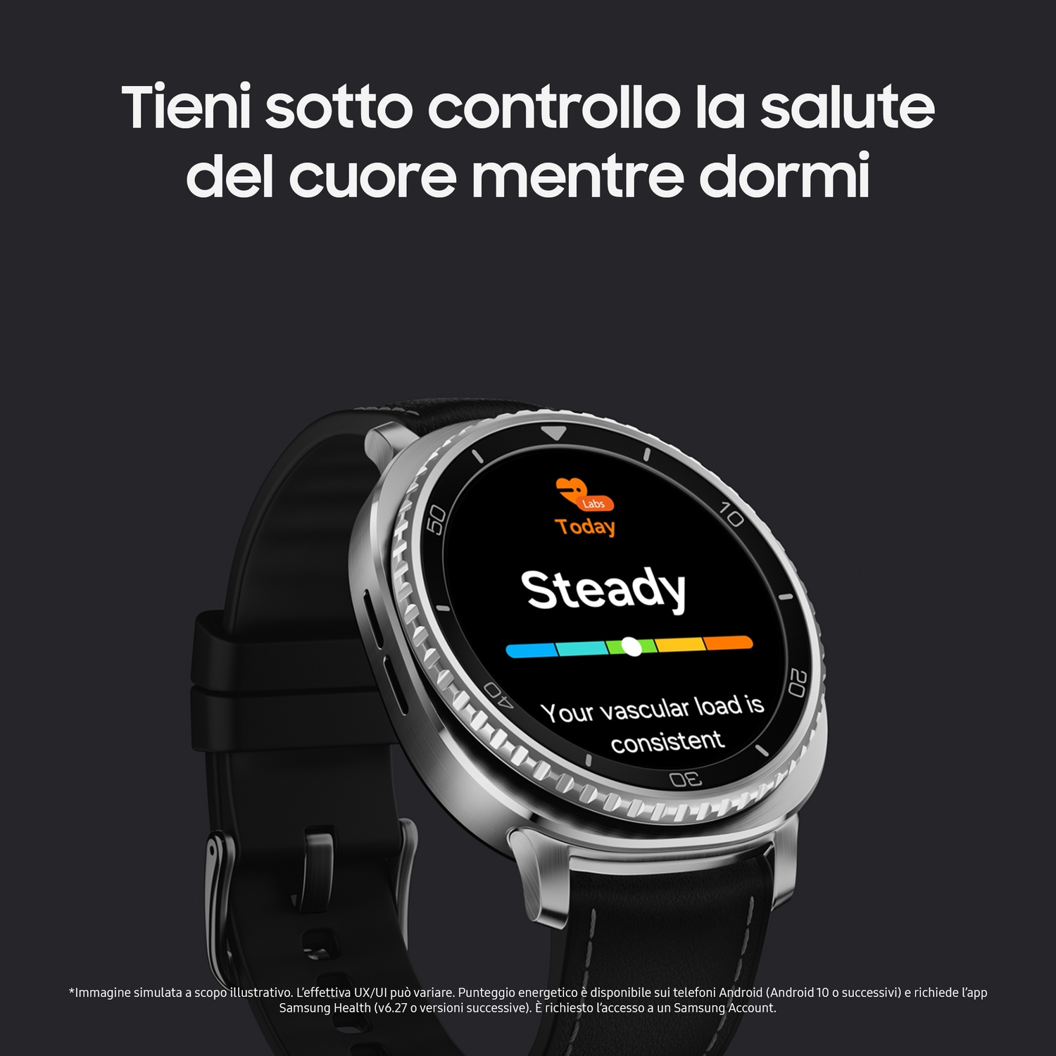 Uno smartwatch mostra i dati sanitari. Lo schermo mostra 'Steady' e 'Your vascular load is consistent'. L'orologio ha un cinturino nero.