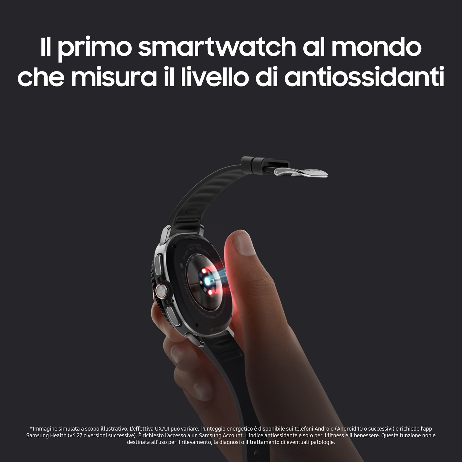 Uno smartwatch è tenuto con una mano, cinturino al polso. Il testo in alto dice che l'orologio misura i livelli di antiossidanti. Sfondo scuro.