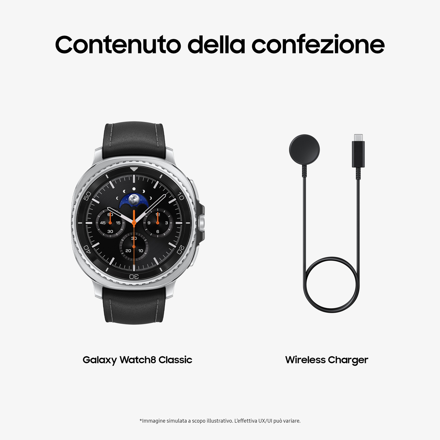 L'immagine mostra un Galaxy Watch8 Classic, un caricatore wireless e il testo 'Contenuto della confezione' su sfondo bianco.