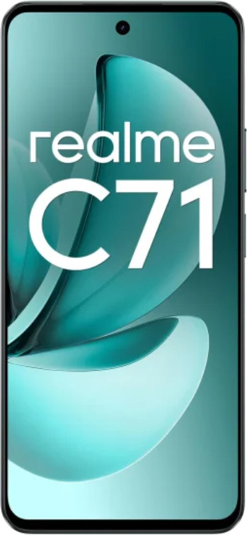 Smartfon z logo Realme C71. Tło ma turkusowy, falisty wzór. Telefon jest czarny.