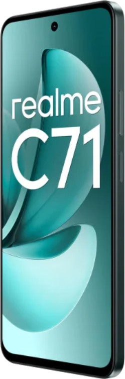 Smartfon Realme C71, ekran w kolorze morskim, czarna ramka, biały tekst i aparat.