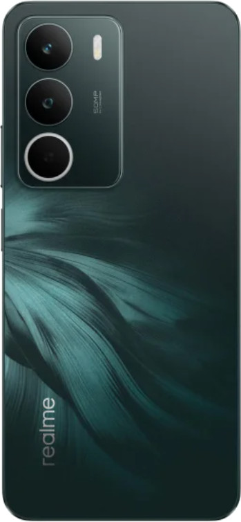 Ciemnozielona tylna strona smartfona z trzema obiektywami aparatu i lampą błyskową. Widoczne logo Realme. Ma płynny wzór.