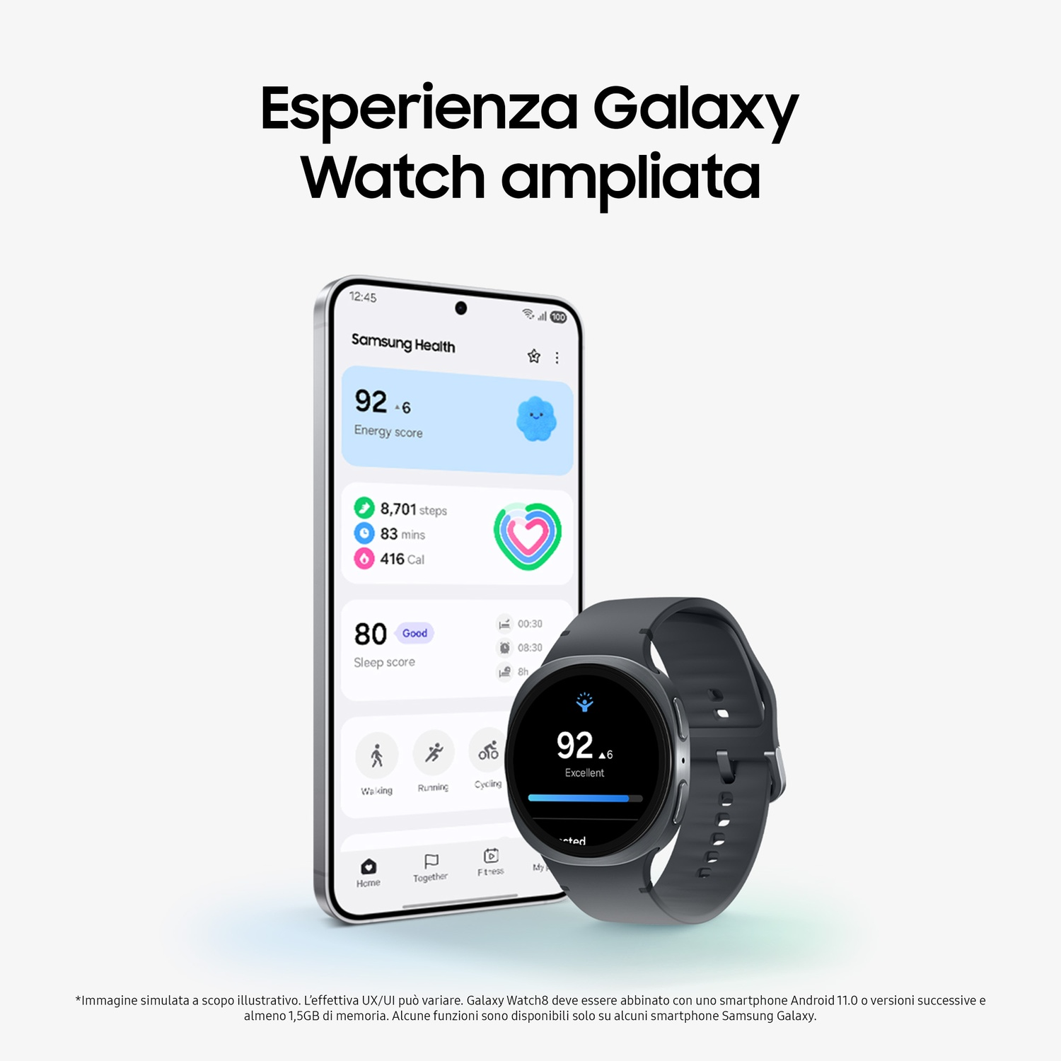 Un telefono Samsung mostra statistiche sulla salute, accanto a un Galaxy Watch. L'orologio e il telefono mostrano punteggi energetici e del sonno, passi e dati di fitness.