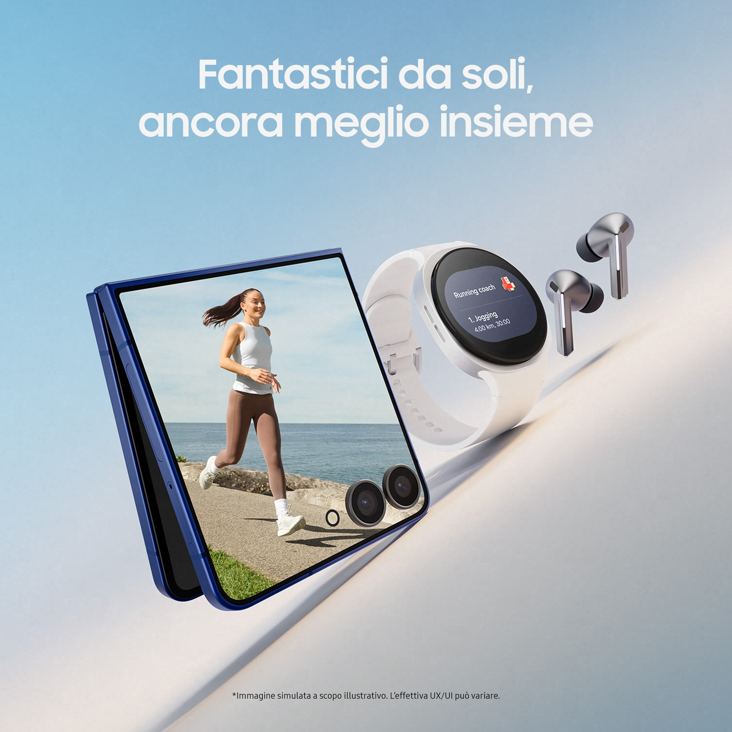 Donna che corre sullo schermo del telefono, orologio e auricolari. Telefono blu, orologio bianco e auricolari argentati su sfondo blu.