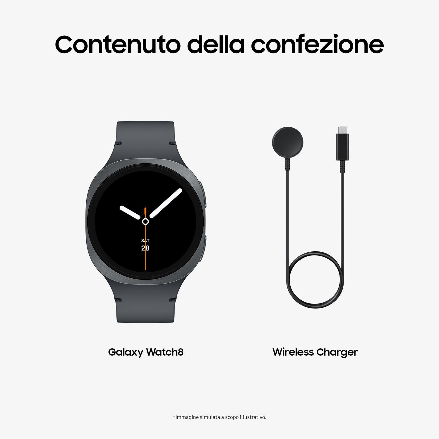 L'immagine mostra un Galaxy Watch8 e un caricatore wireless su sfondo bianco. Il testo recita 'Contenuto della confezione'.