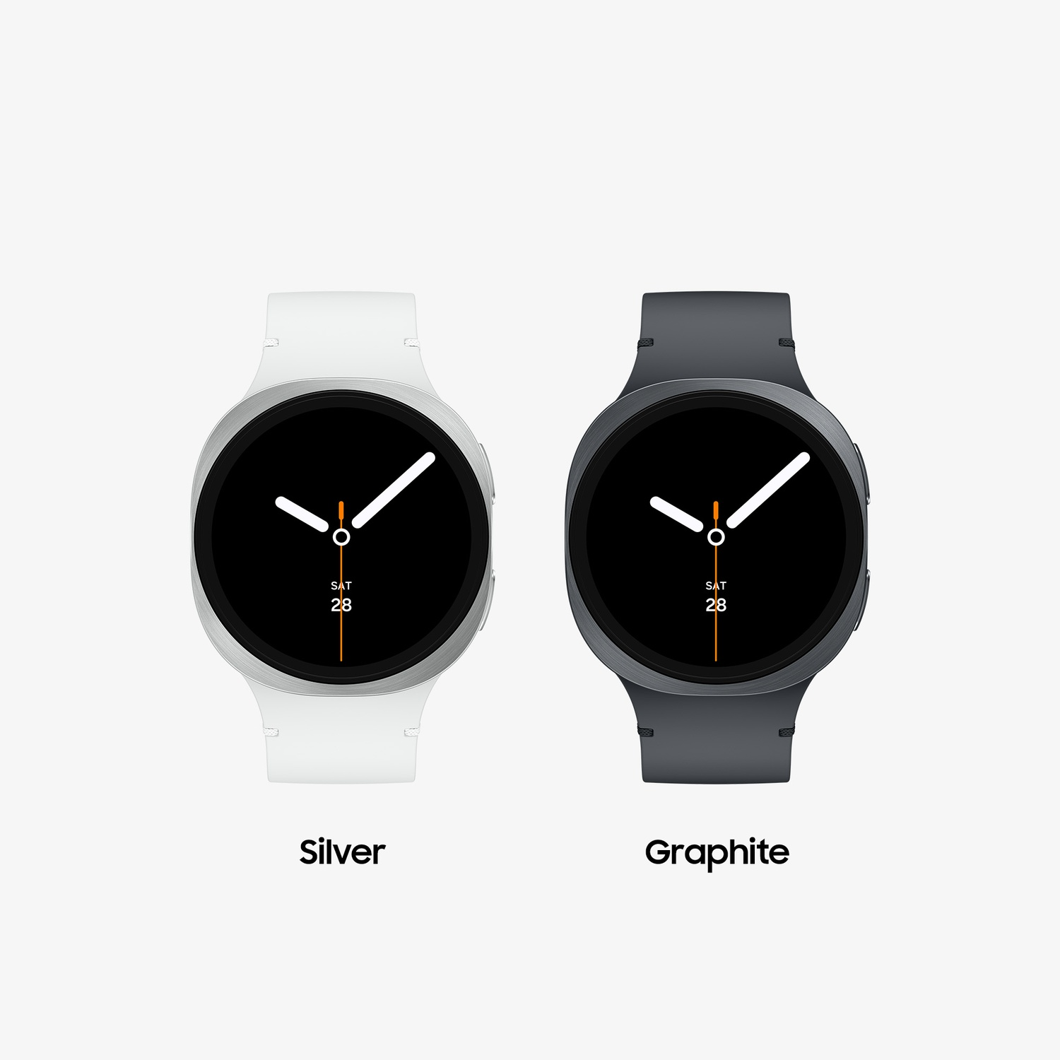 Due smartwatch, argento e grafite. Ognuno ha uno schermo nero che mostra l'ora, la data e le lancette bianche. Argento è etichettato 'Silver', grafite 'Graphite'.