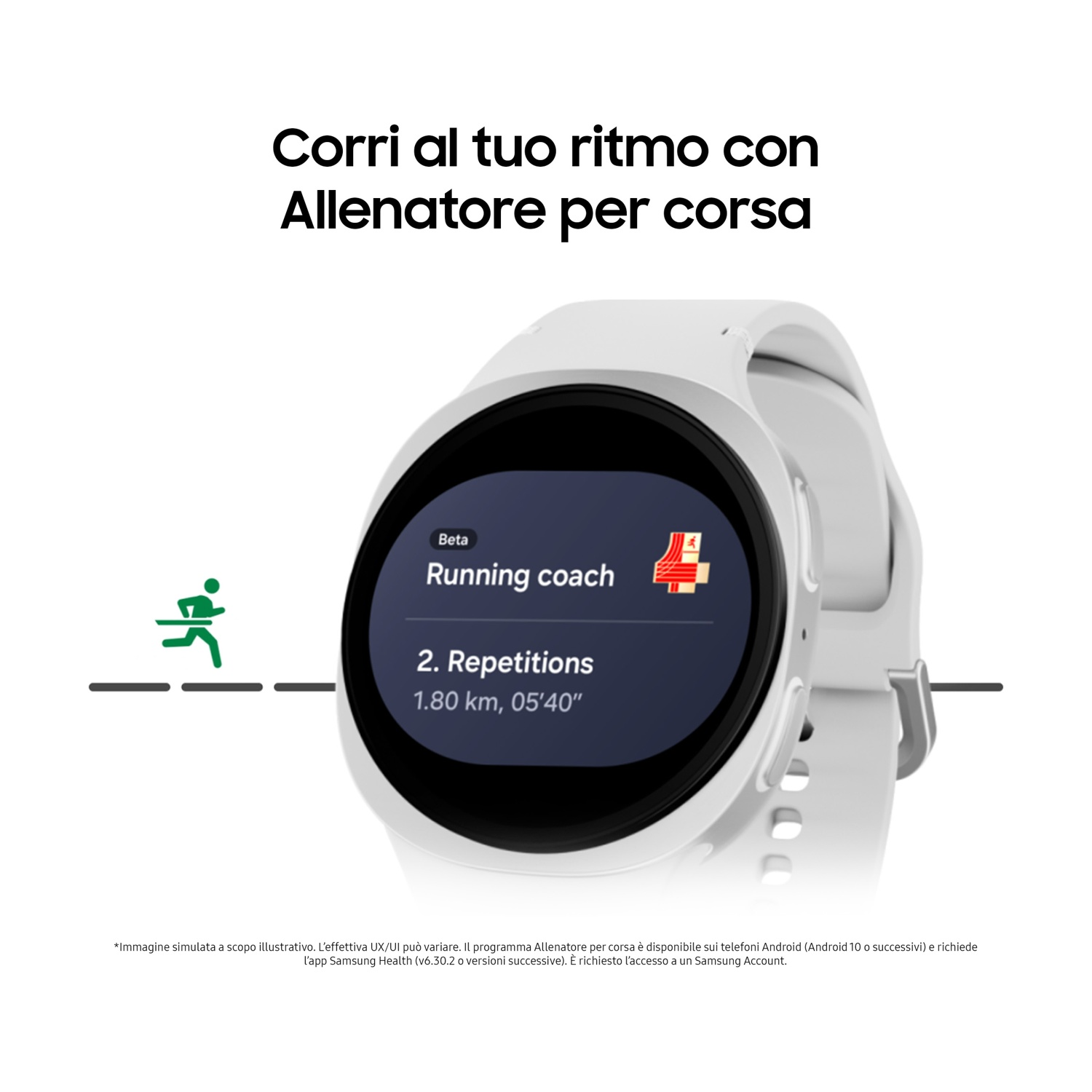 Uno smartwatch bianco mostra 'Running coach' e metriche di corsa. Icona corridore verde a sinistra. Testo: 'Corri al tuo ritmo'.
