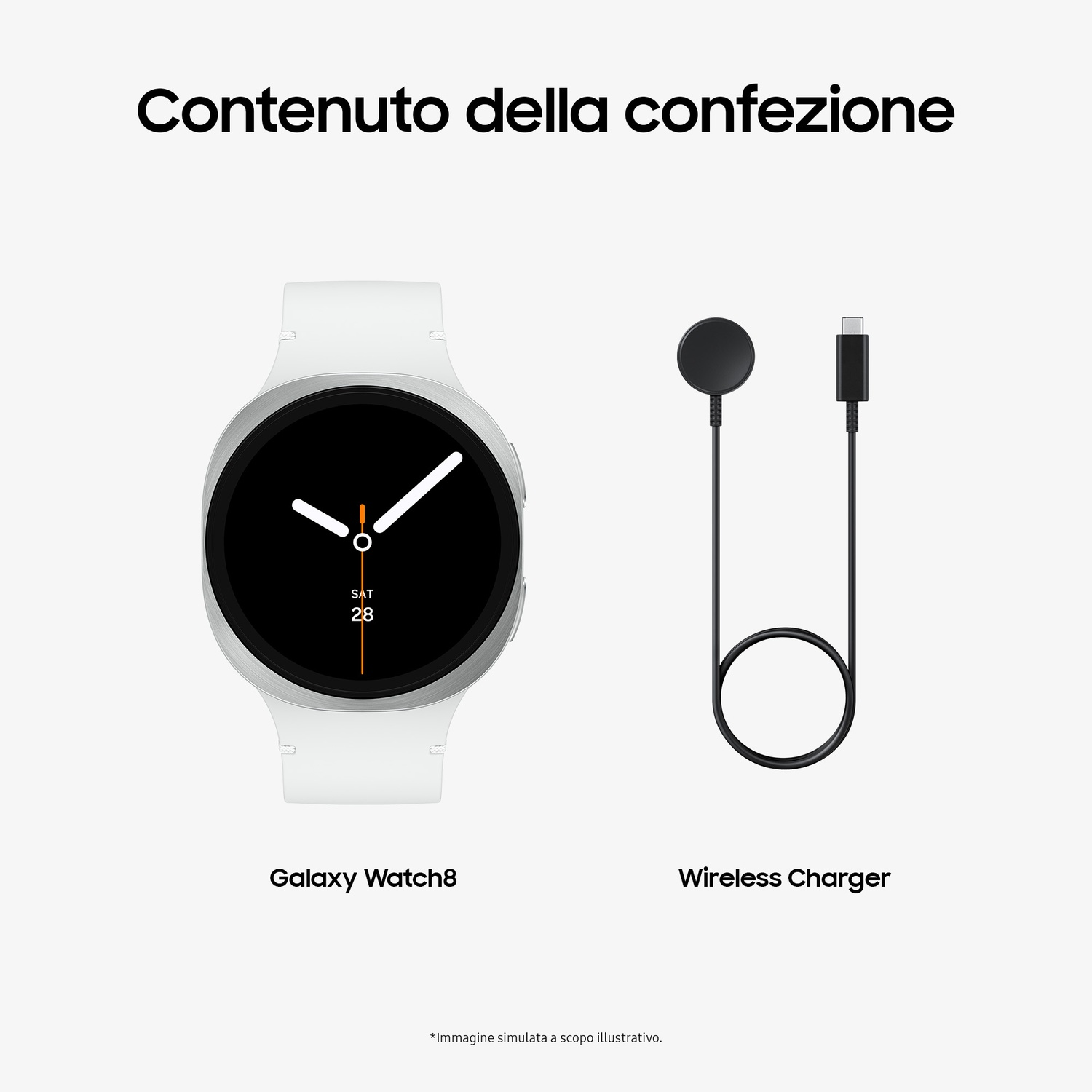 Galaxy Watch8 bianco con quadrante nero e un caricatore wireless. L'orologio mostra la data. Testo: 'Contenuto della confezione'.