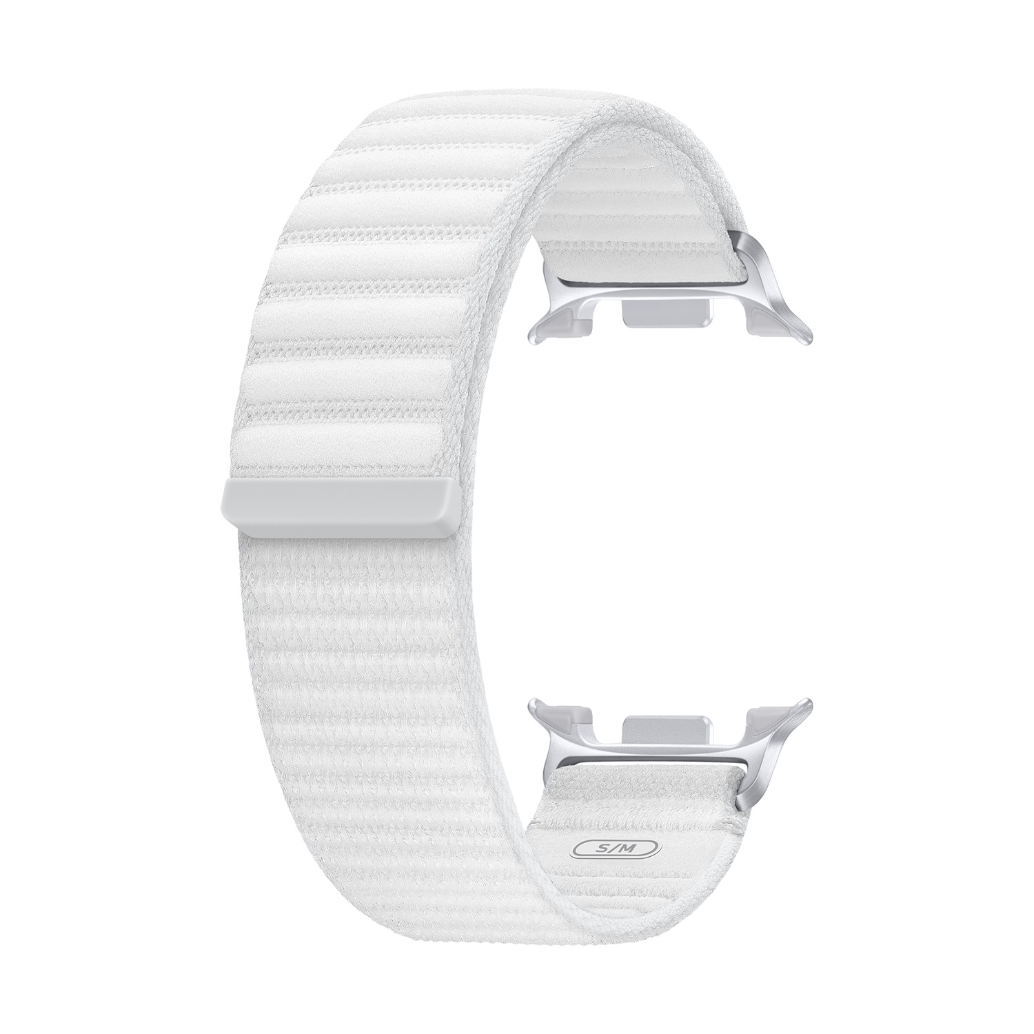 Un cinturino bianco per Apple Watch, curvo a forma di C, con connettori argentati. Il cinturino è realizzato in tessuto strutturato con cuciture orizzontali.