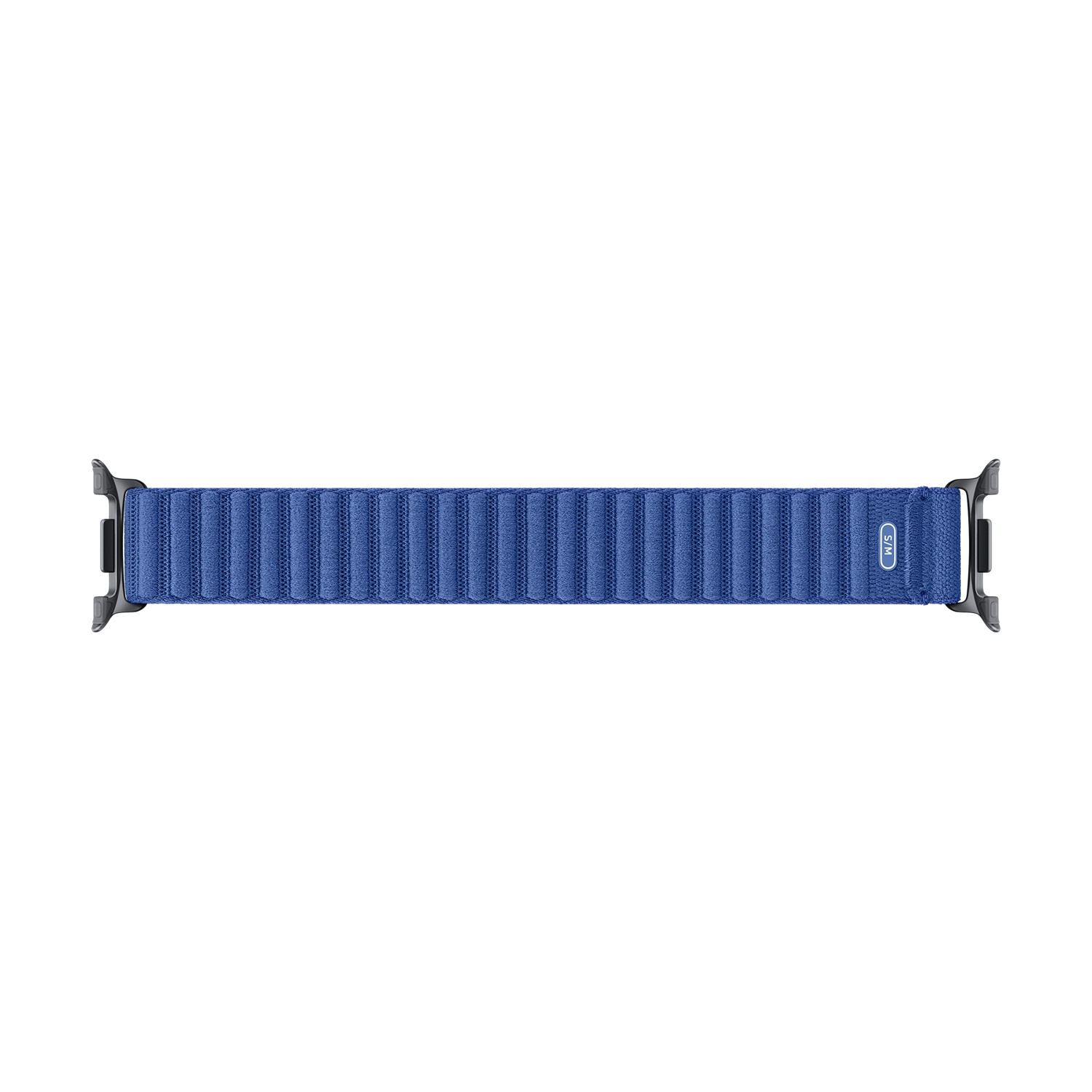 Un cinturino blu per Apple Watch, appoggiato su sfondo bianco. Il cinturino è magnetico, con una texture a coste. Le estremità hanno connettori grigio scuro.