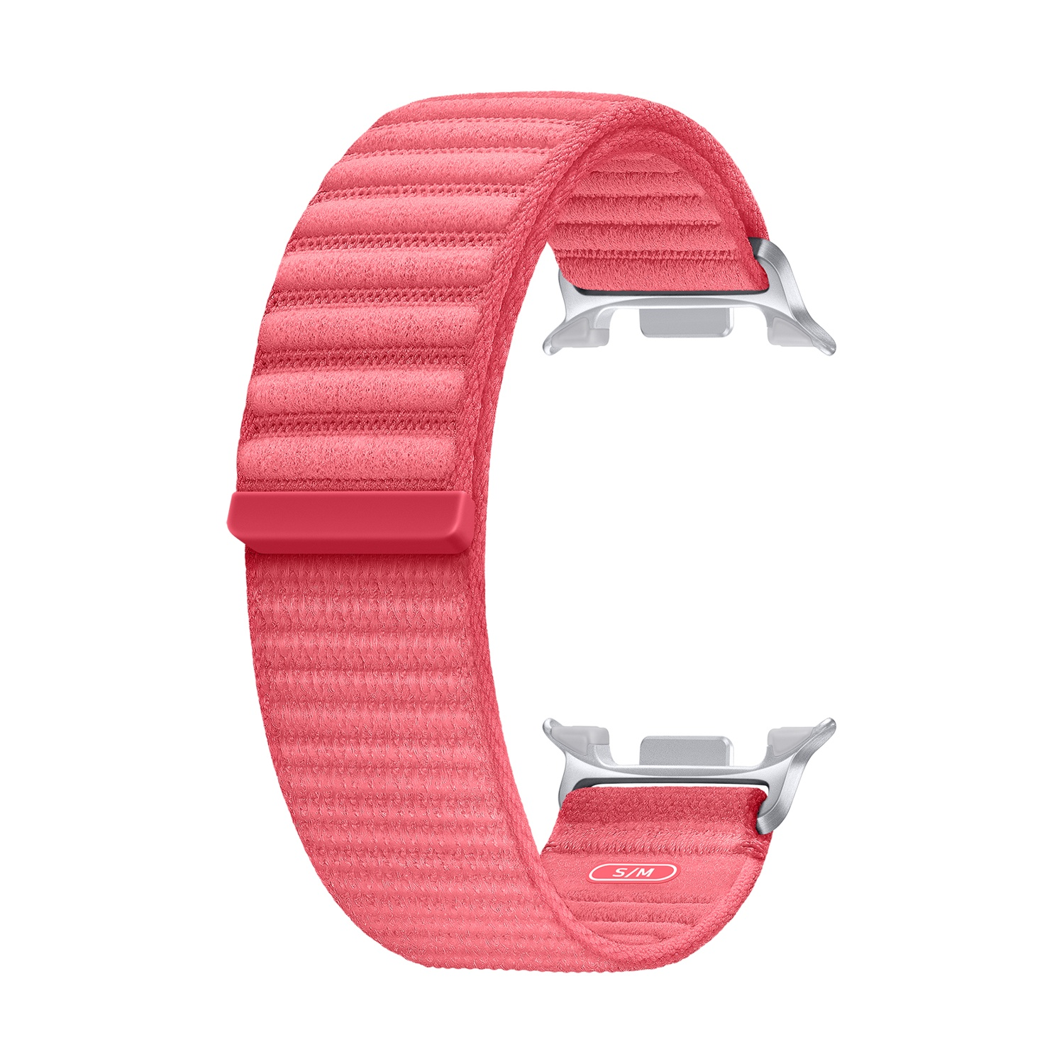 Un cinturino per Apple Watch color corallo con chiusura magnetica. Dispone di connettori in metallo argentato e tessuto strutturato.