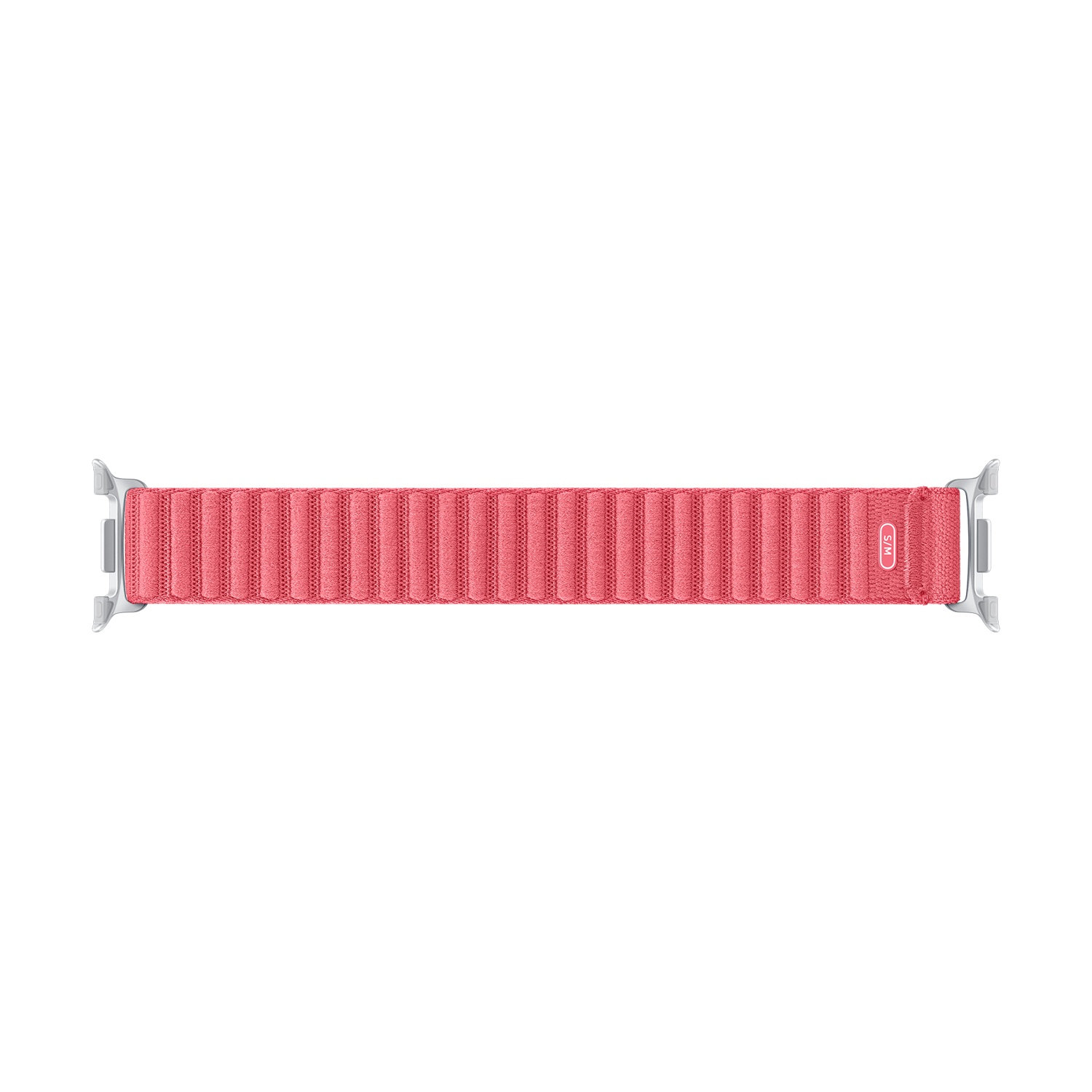 Un cinturino rosso per Apple Watch. Il cinturino è al centro, con connettori argentati su entrambi i lati. Lo sfondo è bianco.