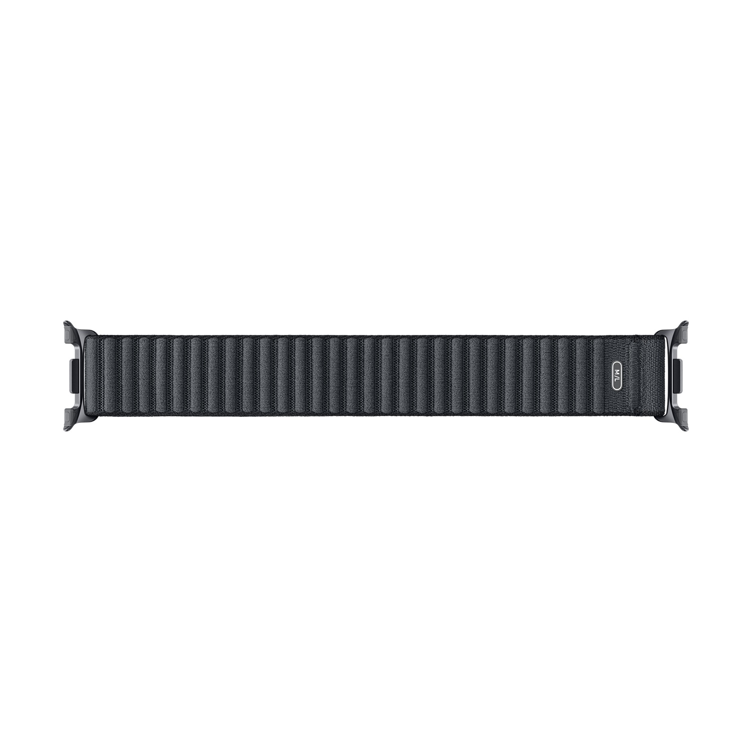 Un cinturino nero per smartwatch è mostrato su sfondo bianco. Ha una superficie strutturata con chiusura magnetica e attacchi in metallo.