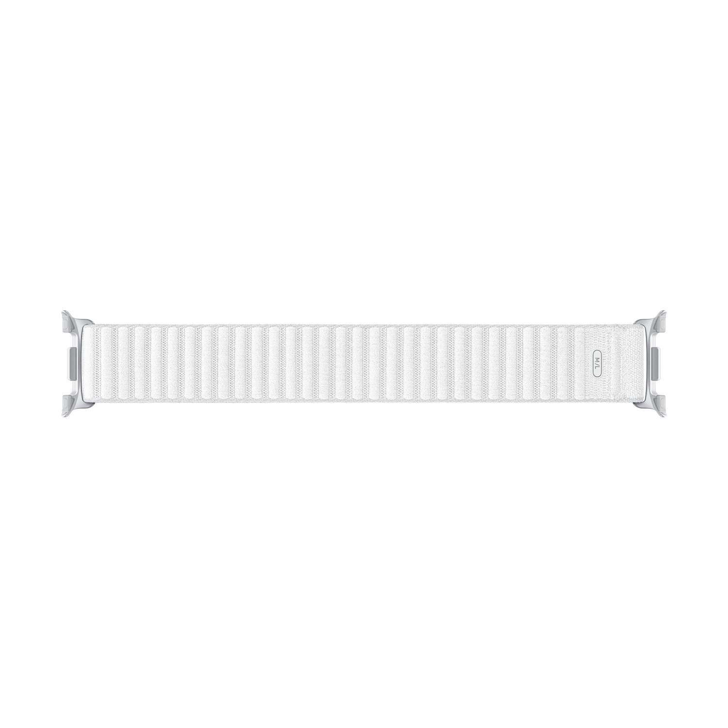 Un cinturino bianco per Apple Watch su sfondo bianco. Il cinturino è in materiale strutturato con chiusura magnetica.