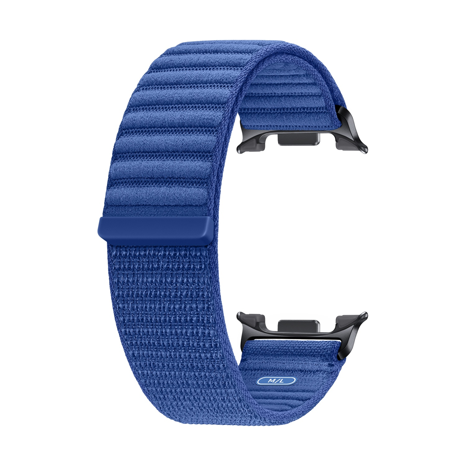 Cinturino blu con connettori neri. Tessuto strutturato, forma curva ed etichetta 'M/L' visibile. Su sfondo bianco.