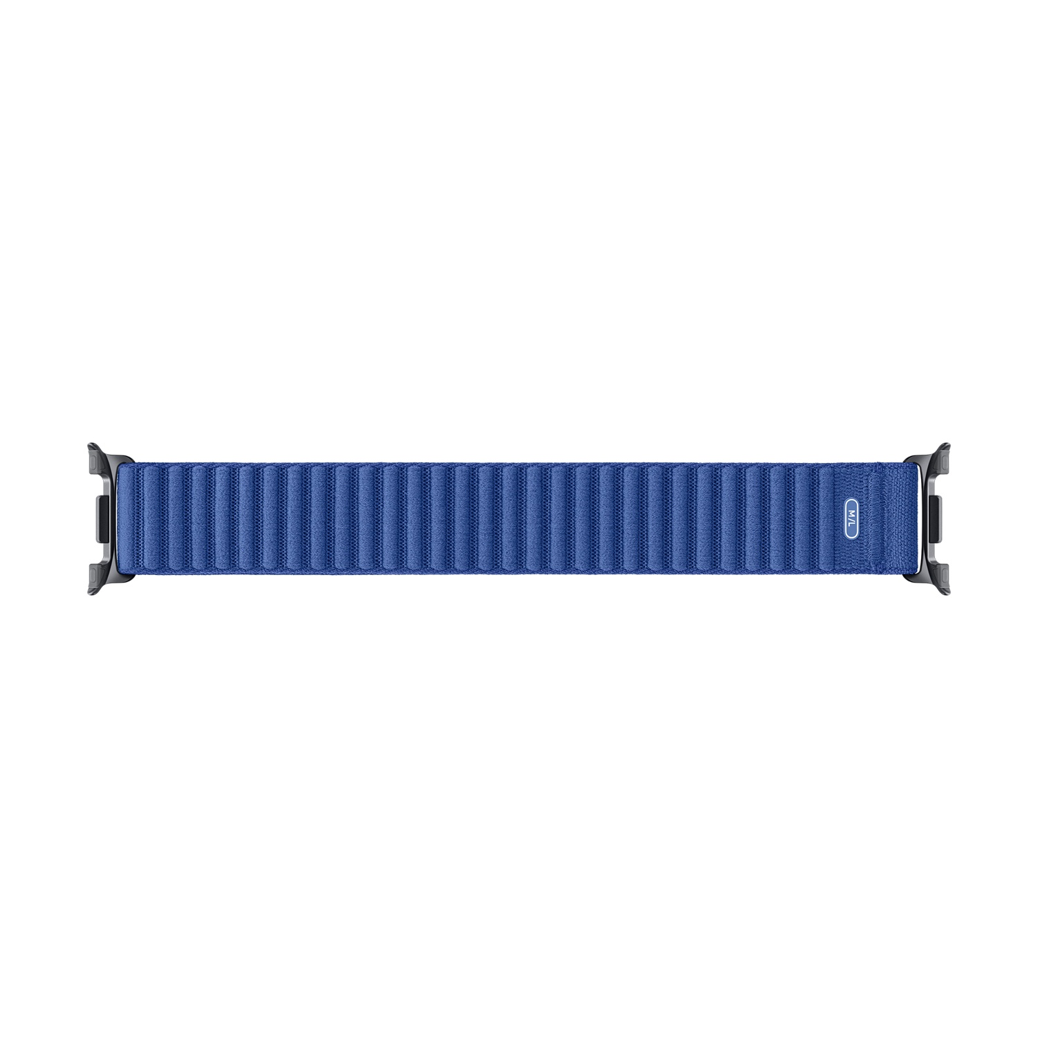 Un cinturino blu per Apple Watch con chiusura magnetica. Il cinturino è su sfondo bianco.