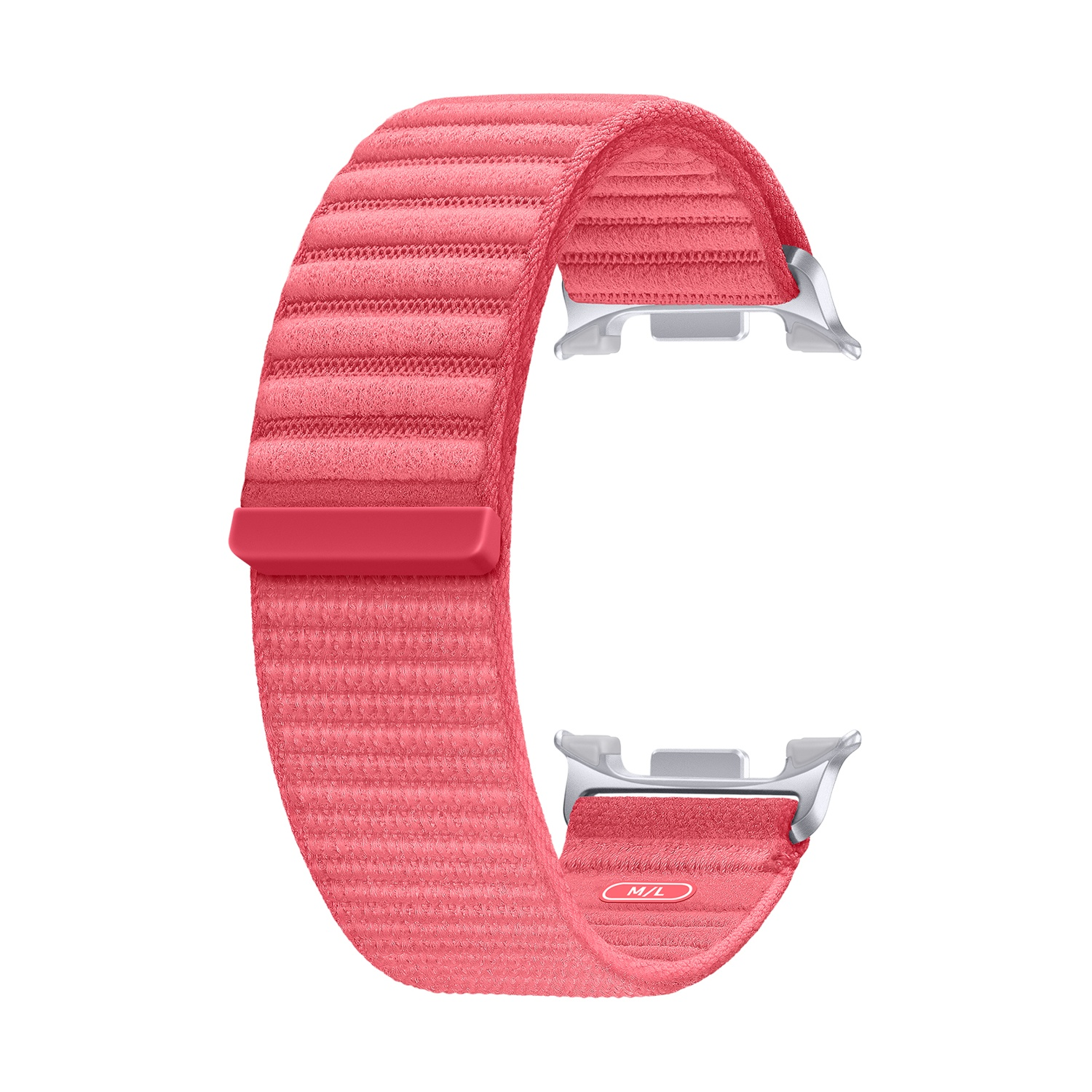 Un cinturino rosa su sfondo bianco. È realizzato in materiale strutturato e ha una chiusura magnetica.