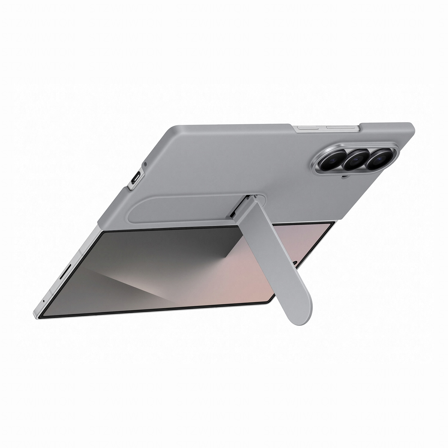 Un tablet grigio con supporto è angolato. Sono visibili tre obiettivi. Lo schermo mostra una sfumatura di grigio e rosa.
