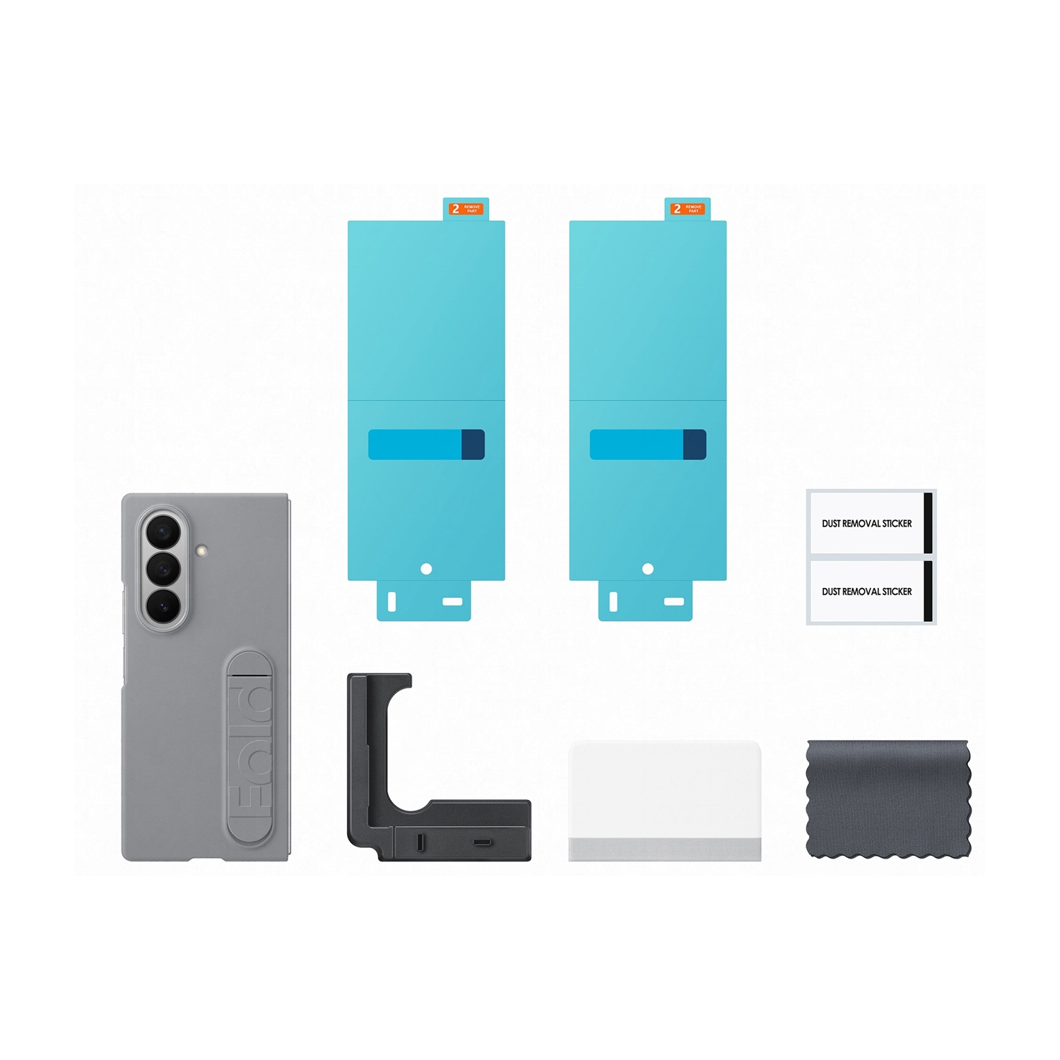 Custodia grigia per telefono, due protezioni schermo blu, supporto nero, adesivi rimozione polvere, strumento di pulizia bianco e panno grigio scuro.