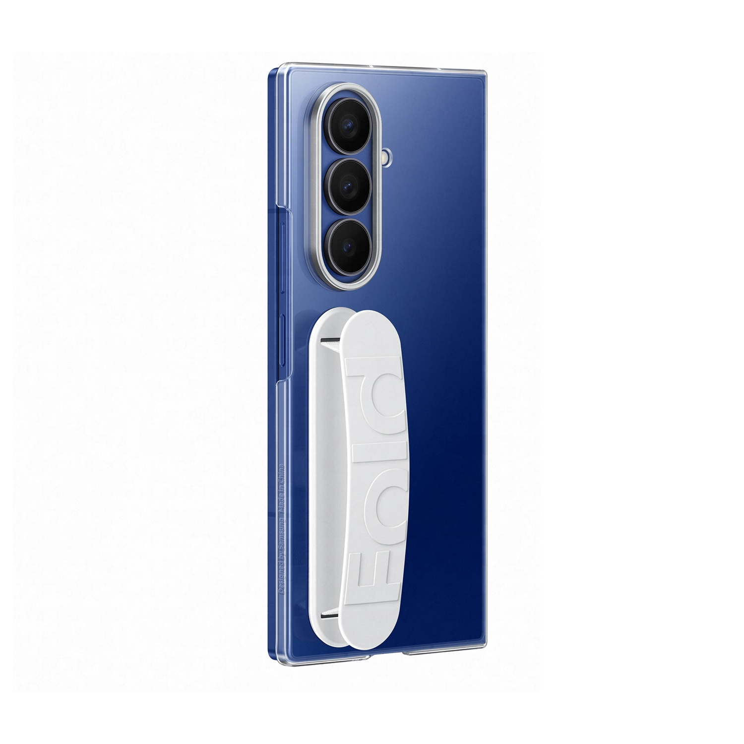 Smartphone blu con impugnatura bianca attaccata. Il telefono ha tre fotocamere e una custodia trasparente. Sull'impugnatura c'è la scritta "DIC".