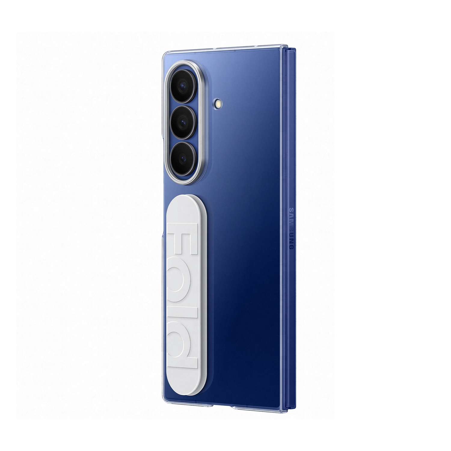 Telefono Samsung blu con impugnatura 'Fold' bianca. Ha tre fotocamere e una custodia trasparente. Sfondo bianco.