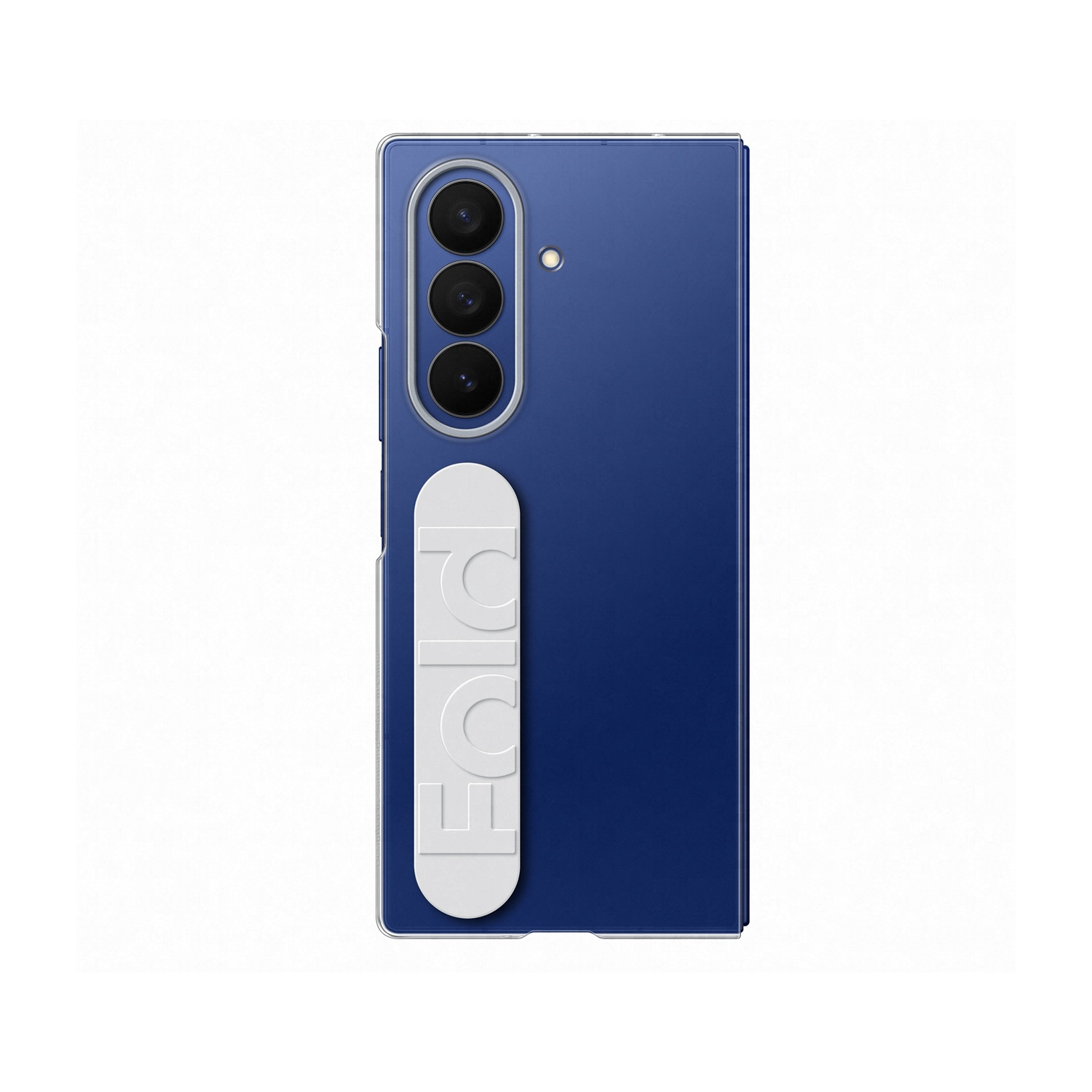 Un telefono blu con un'impugnatura 'FOLD' bianca e tre fotocamere. Il telefono è su sfondo bianco.