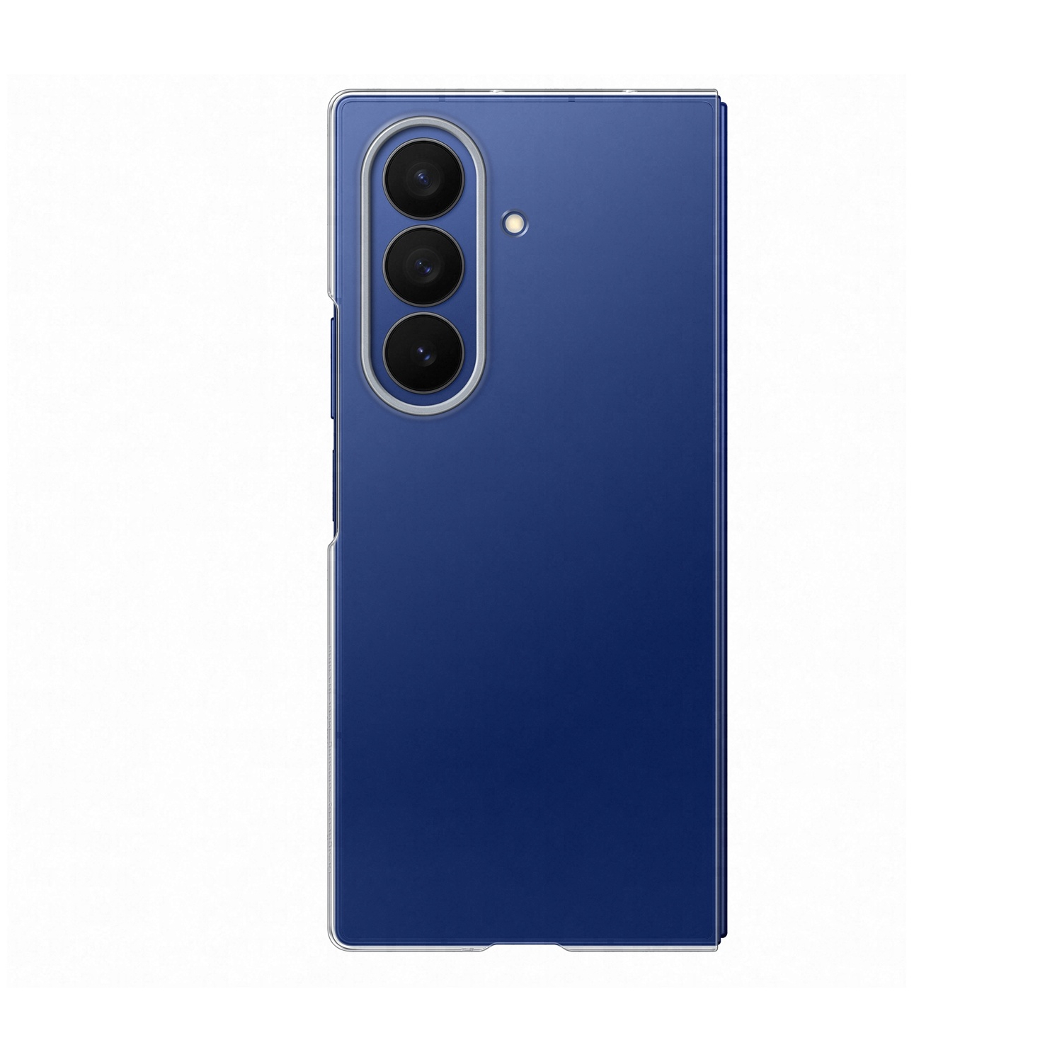 Uno smartphone blu navy con una custodia trasparente. Il telefono ha tre obiettivi e un flash sul retro.