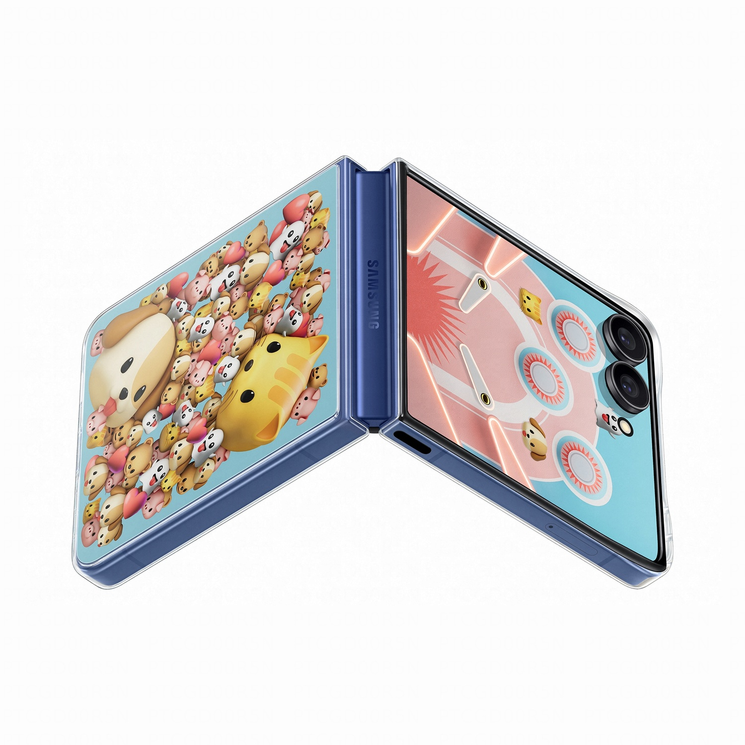 Un telefono pieghevole Samsung blu, aperto. Un lato presenta animali dei cartoni animati, l'altro un design rosa e blu con fotocamere.