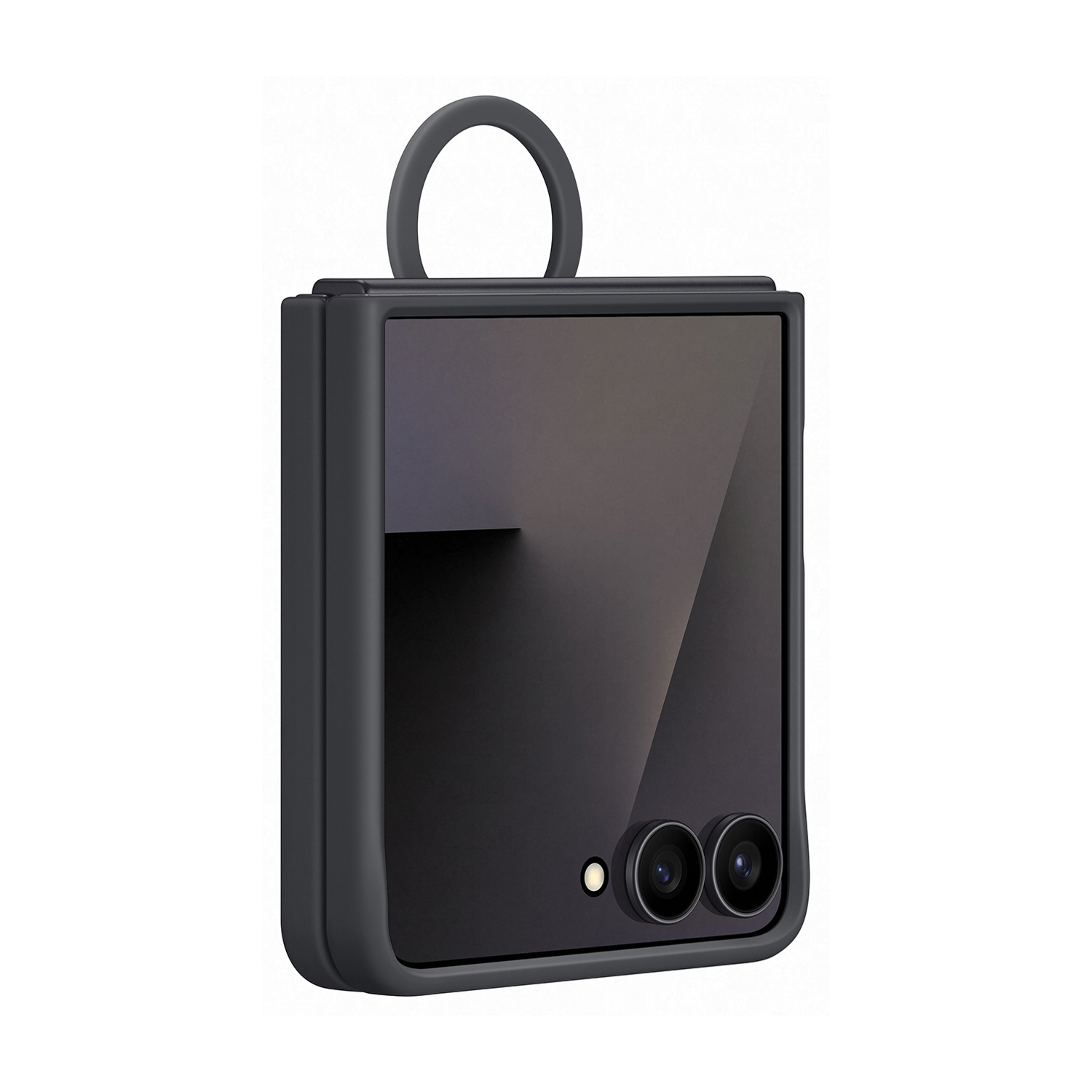 Un telefono pieghevole nero con una custodia grigio scuro e un anello. Sono visibili due obiettivi della fotocamera. Lo sfondo è bianco.