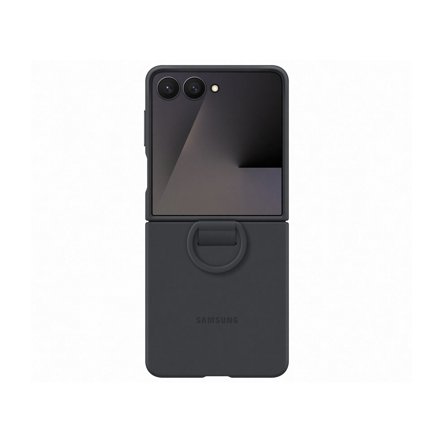 Un telefono Samsung Galaxy Z Flip grigio scuro con custodia, aperto. Il telefono ha una fotocamera e il logo Samsung è visibile.