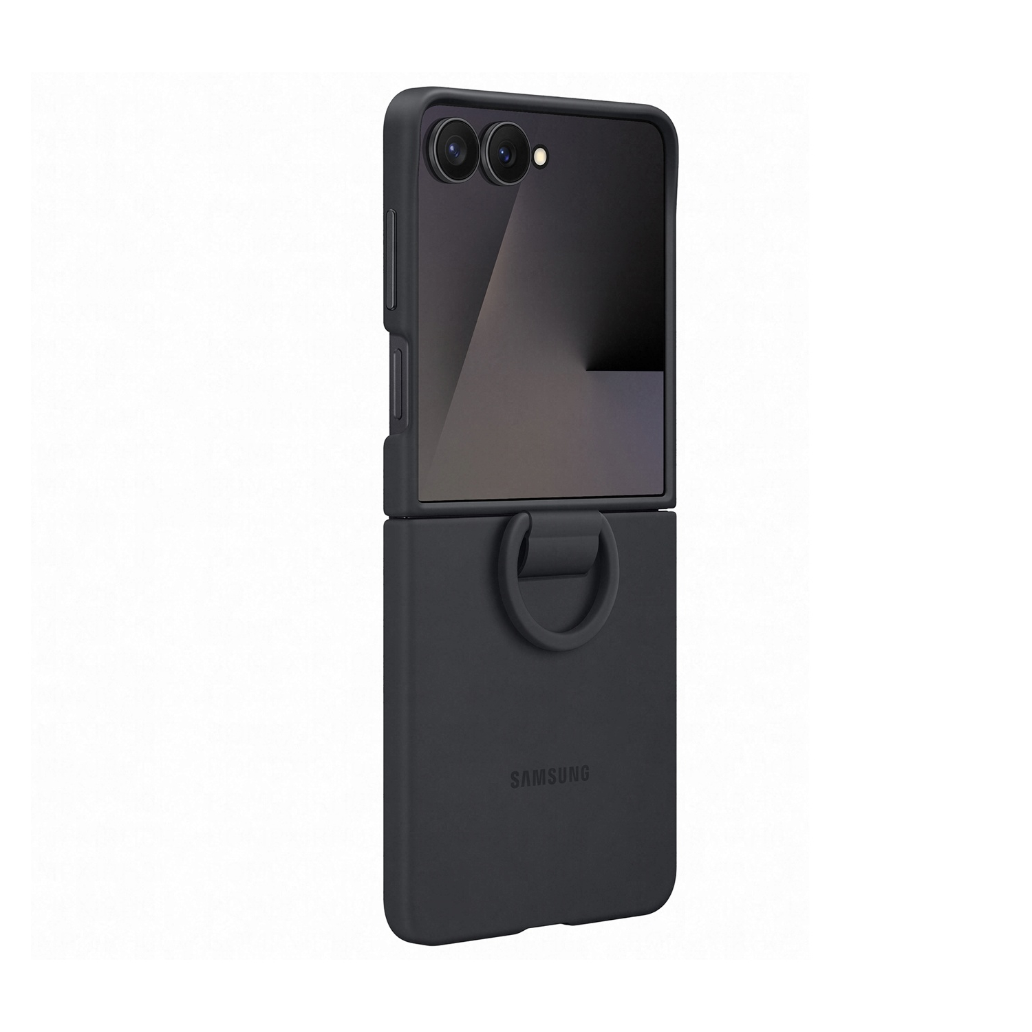 Una custodia nera per telefono Samsung, parzialmente aperta, che mostra lo schermo e le fotocamere. Ha un'impugnatura ad anello e il logo Samsung.