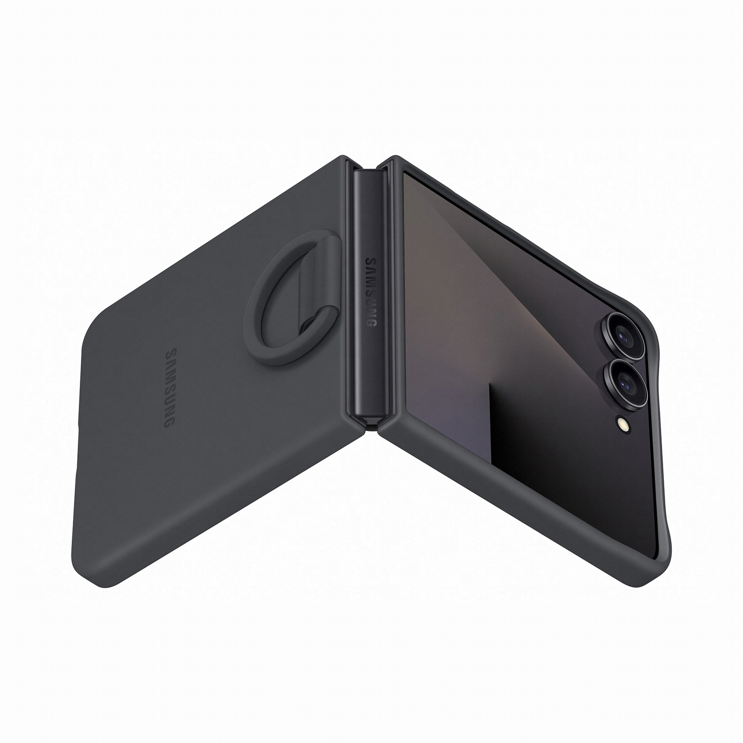 Un telefono Samsung grigio scuro, parzialmente aperto, che mostra lo schermo e un anello sulla cover. Lo sfondo è bianco.