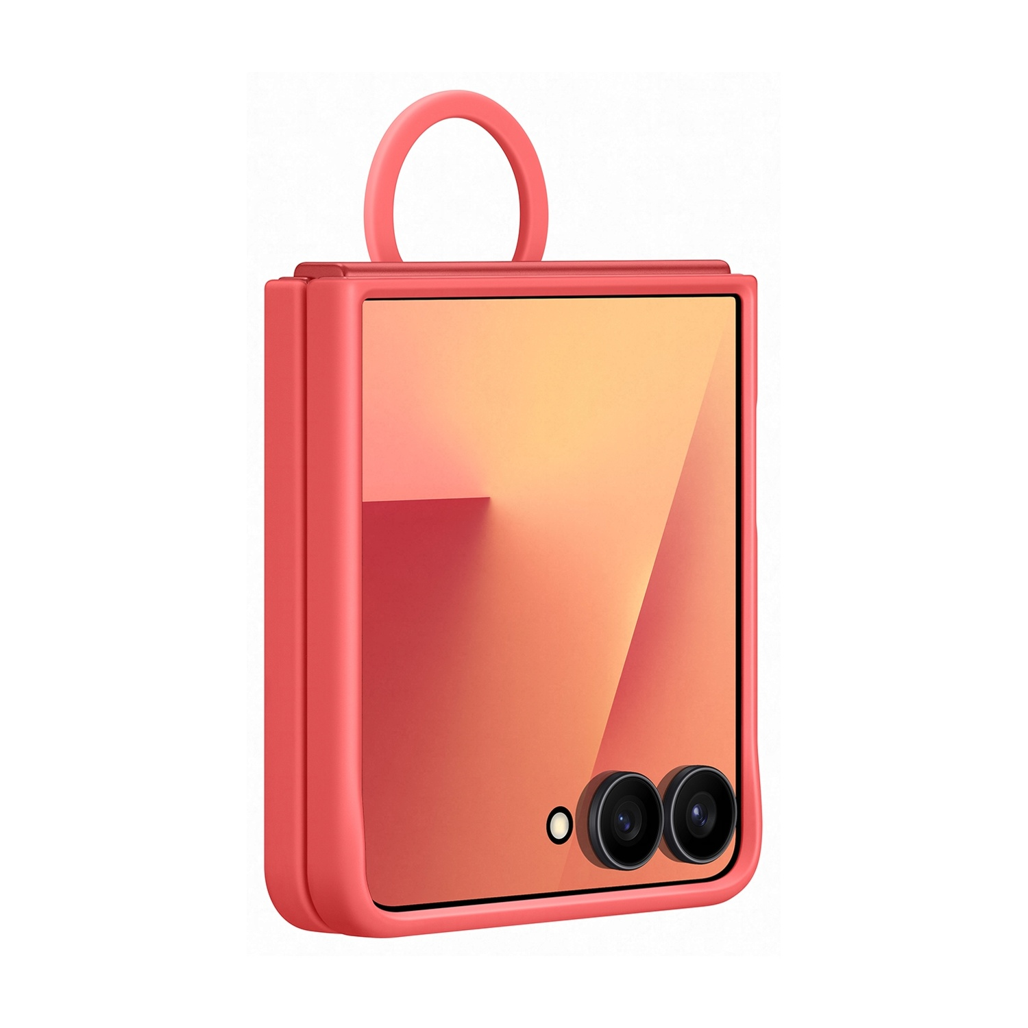 Una custodia per telefono color corallo con un anello nella parte superiore. Il telefono ha uno schermo e due obiettivi. Lo sfondo è bianco.