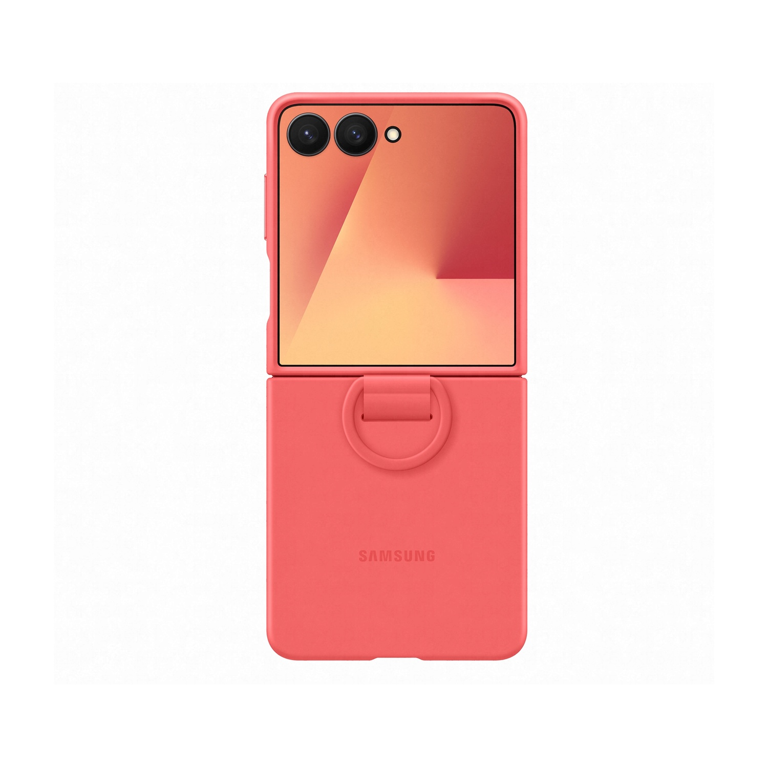 Un telefono Samsung color corallo in posizione aperta. La metà superiore ha fotocamere e uno schermo. La metà inferiore ha un cinturino e il logo Samsung.