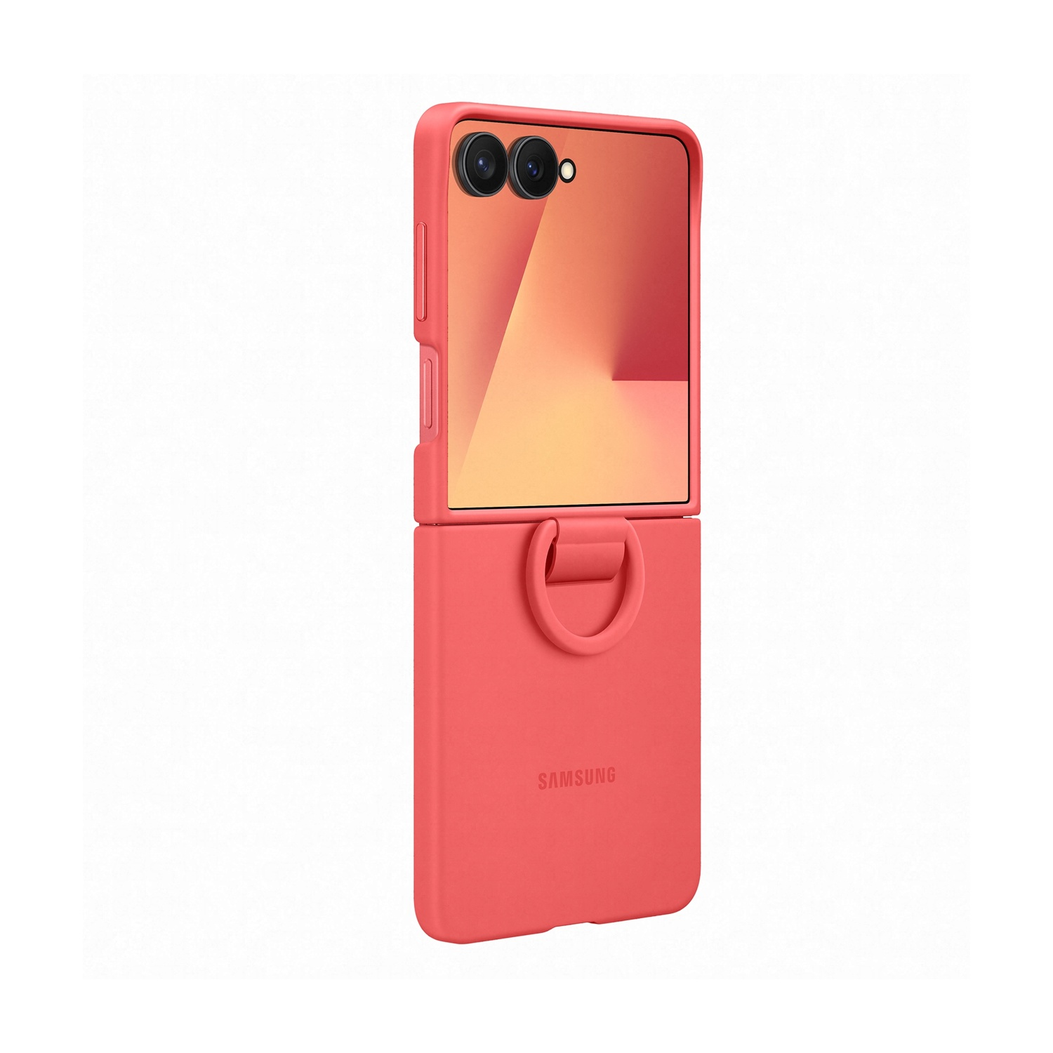 Una custodia per telefono color corallo, aperta, che mostra un telefono. La custodia ha un'impugnatura ad anello. Logo Samsung visibile.