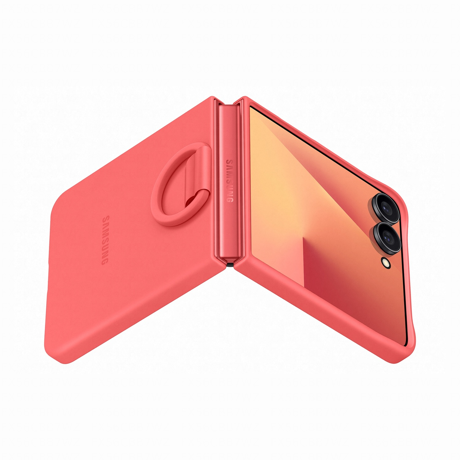 Una custodia per telefono pieghevole Samsung rosa corallo, aperta, che mostra lo schermo e le lenti della fotocamera. Sfondo bianco.