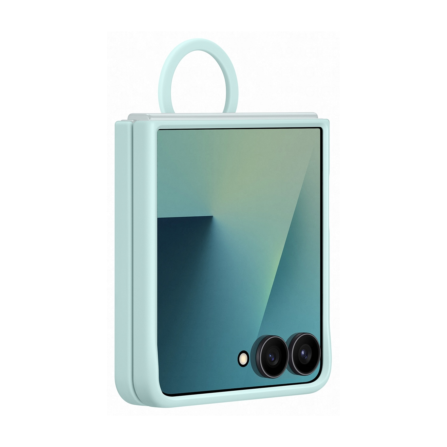 Un telefono pieghevole azzurro con un anello, due obiettivi e una piccola luce. Lo schermo mostra una sfumatura verde e blu.