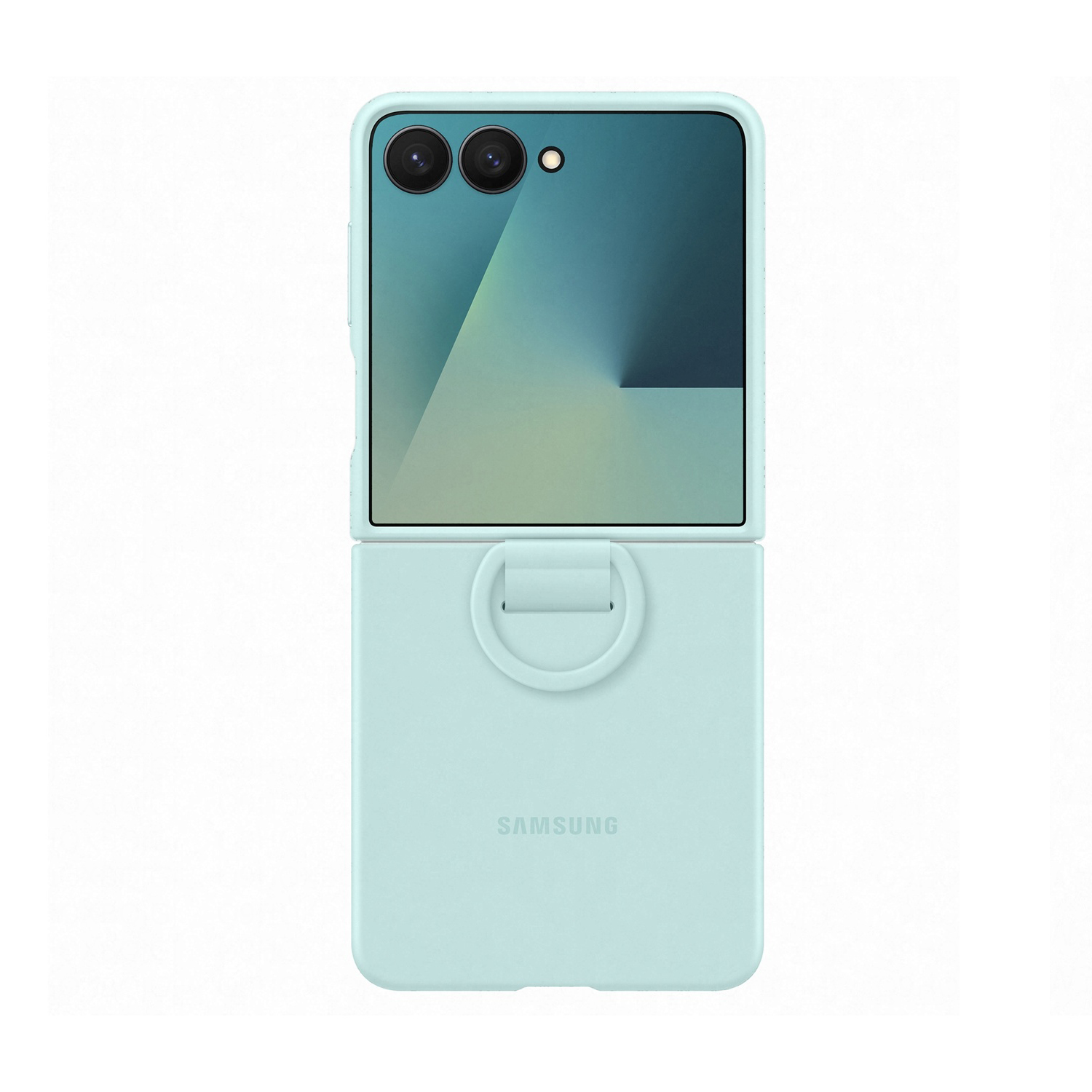 Una custodia Samsung blu chiaro. Il telefono è piegato e lo schermo mostra una sfumatura di blu e verde. Il logo Samsung è visibile.