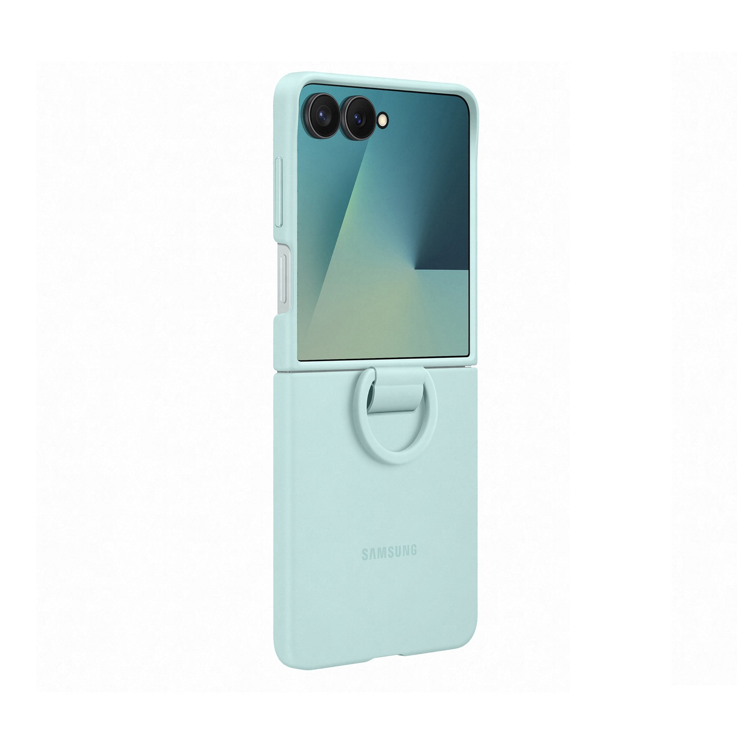 Una custodia per telefono Samsung azzurra, aperta. Ha un anello e il logo Samsung. Lo schermo del telefono mostra una sfumatura.